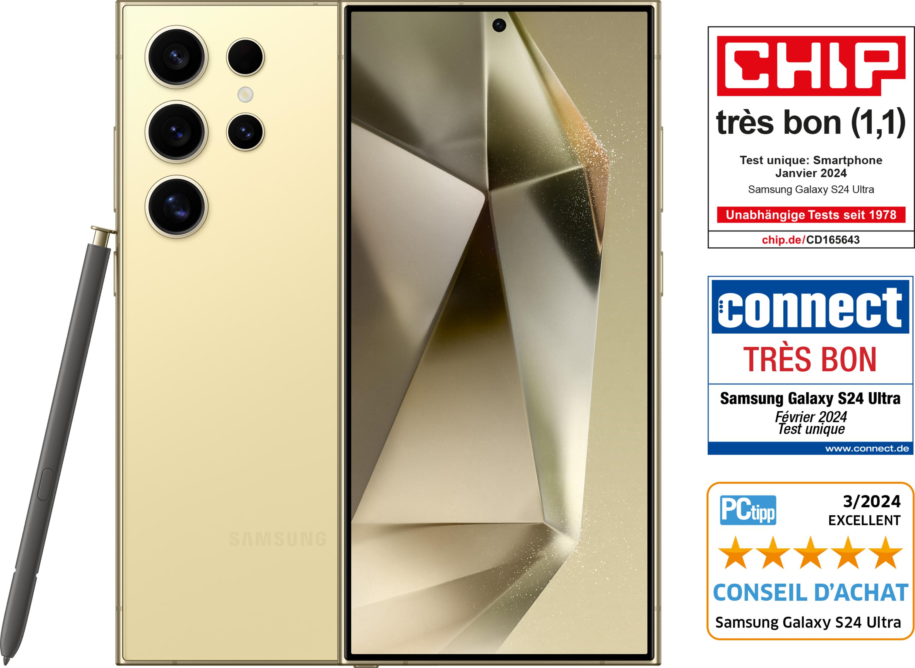 Smartphone Samsung S24 Ultra dorado con S-Pen y sellos de prueba de CHIP y Connect.