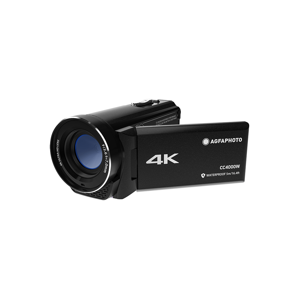 Czarna kamera 4K z rozłożonym ekranem, widocznym logo "4K".