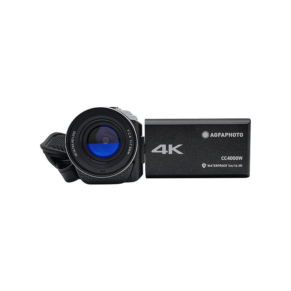 Czarna kamera 4K z obiektywem i pakietem baterii.