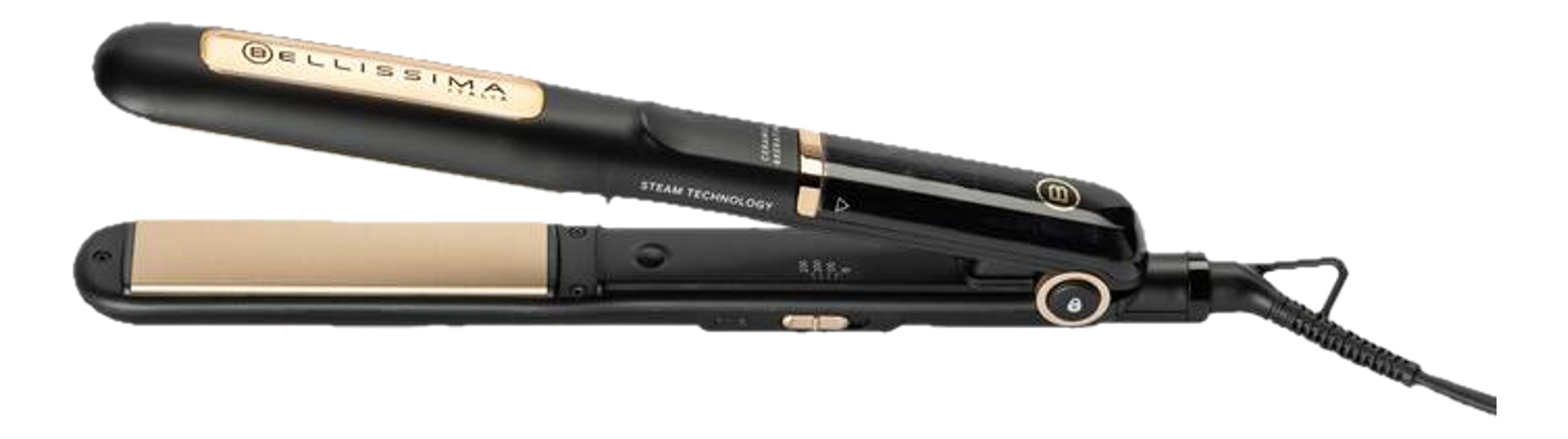 Czarna prostownica ze złotymi akcentami i logo Bellissima.