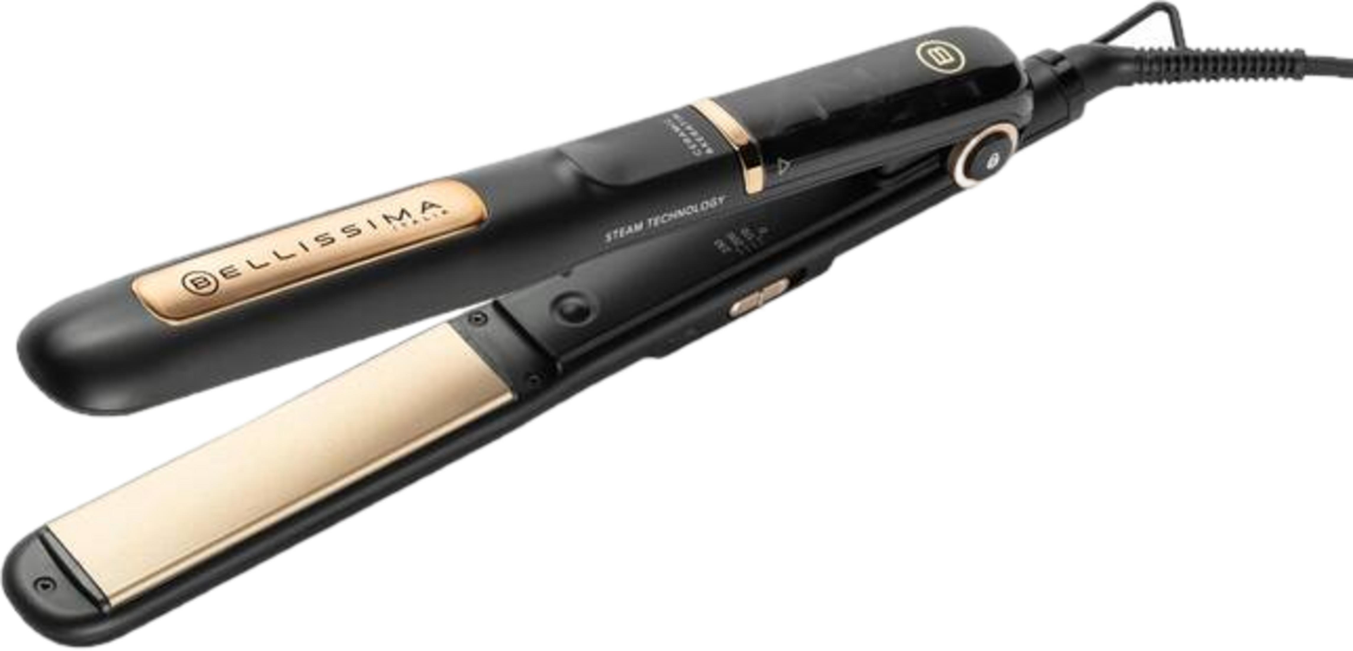Czarno-złota prostownica z logo "Bellissima" i napisem "Steam Technology".