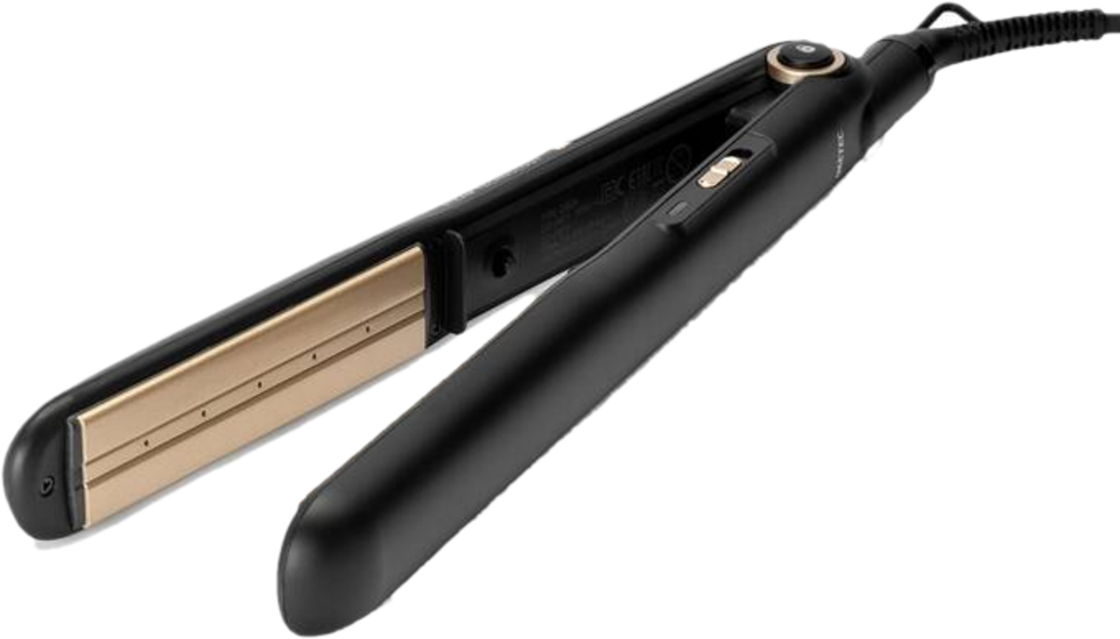 Czarna prostownica ze złotymi płytkami, na białym tle.