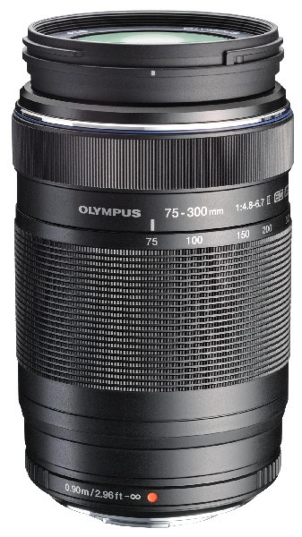 Olympus 75-300mm Objektiv mit Fokusring und Zoomring. Weißer Punkt zeigt 0.90m an.