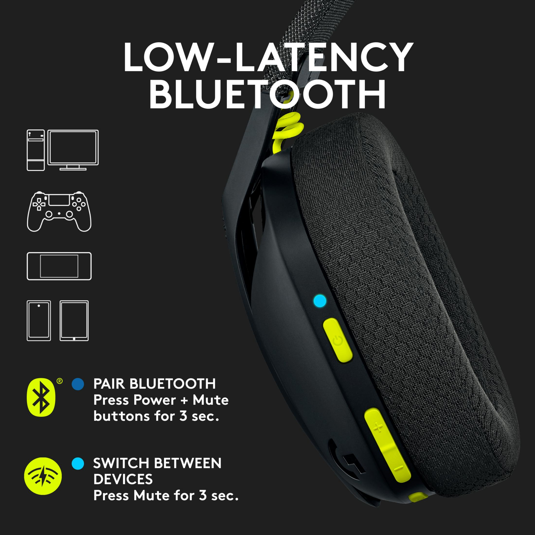 Headset with volume controls and Bluetooth pairing instructions on a black background.