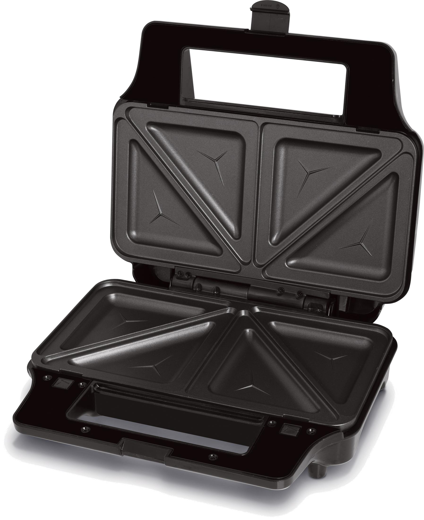 Ein offener schwarzer Sandwichtoaster mit dreieckigen Heizplatten.