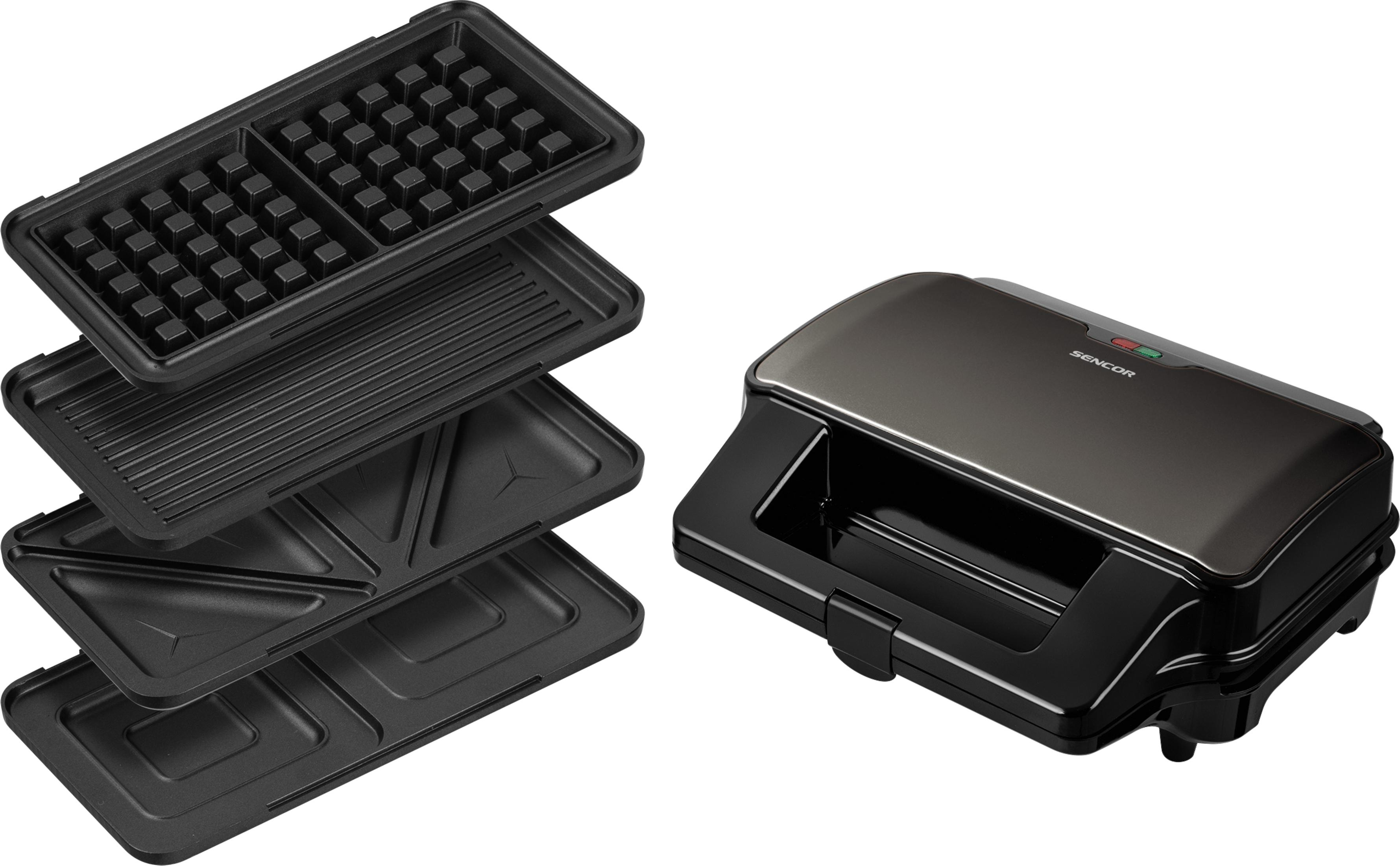 Ein schwarzer Waffel- und Sandwichmaker mit austauschbaren Platten.