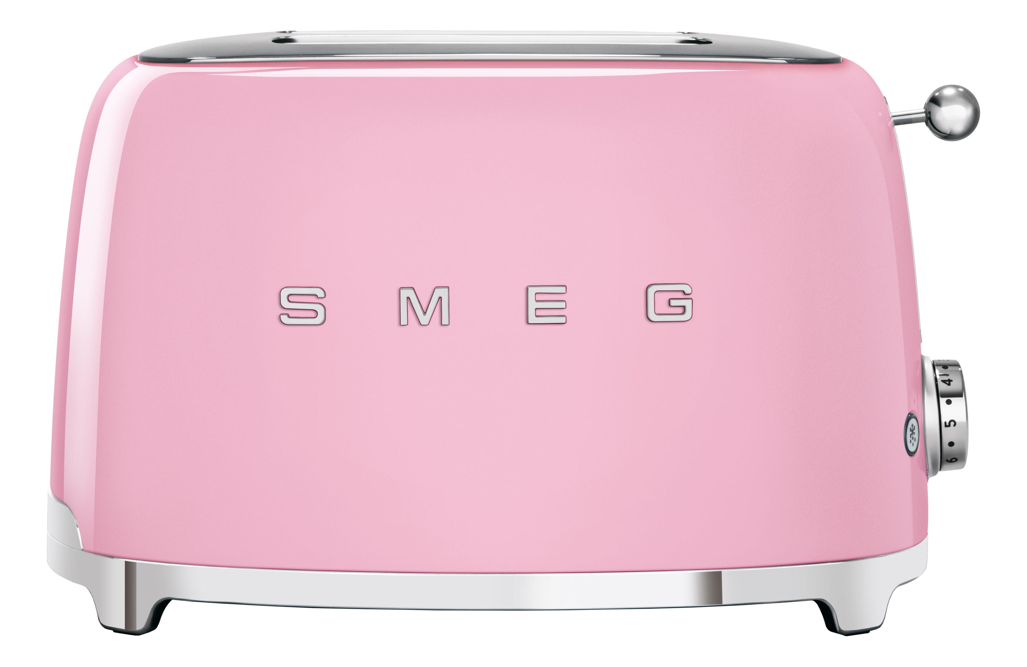 Różowy toster SMEG z chromowanymi detalami i pokrętłem.