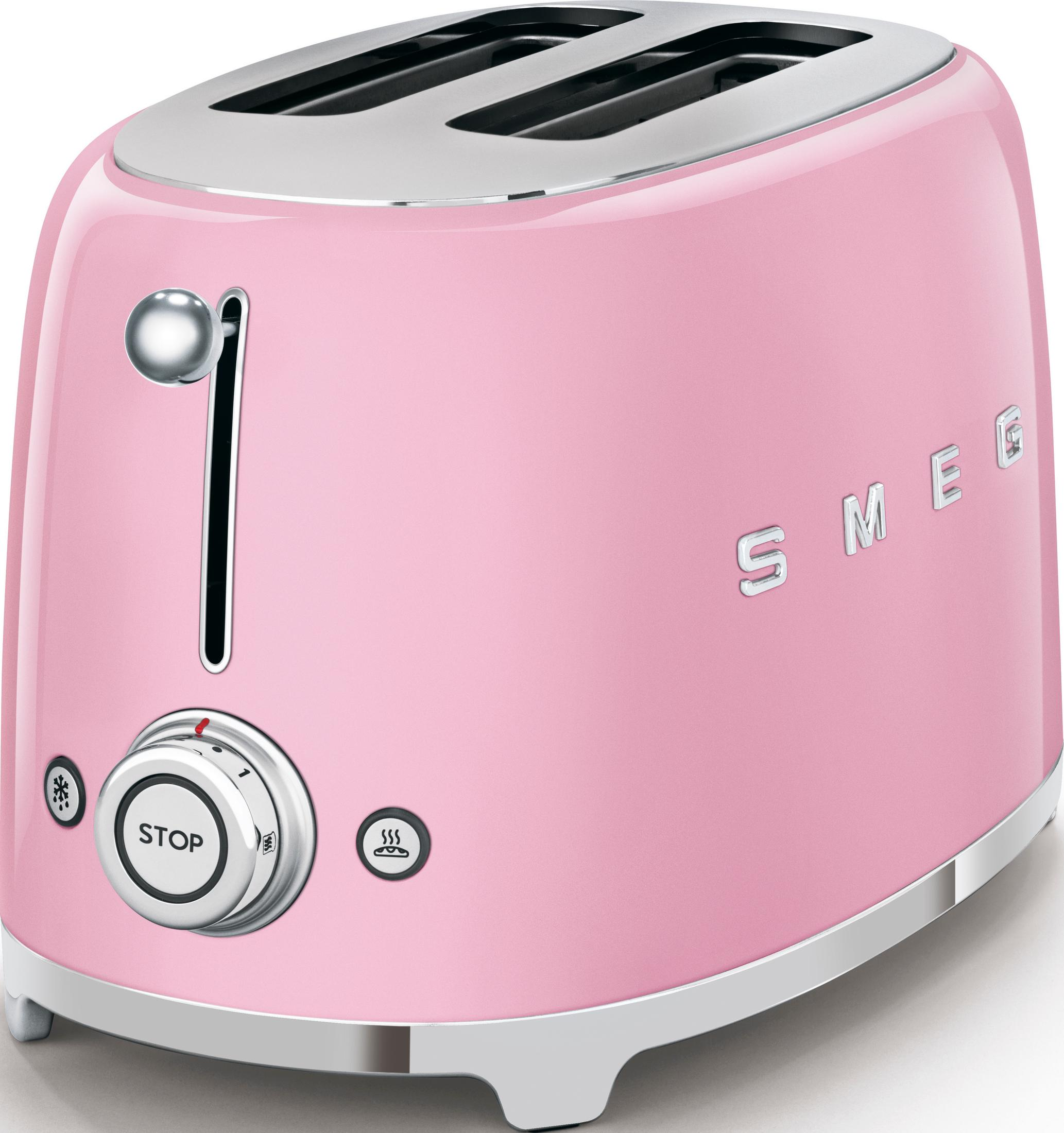 Różowy toster SMEG ze srebrnymi akcentami i elementami sterującymi.