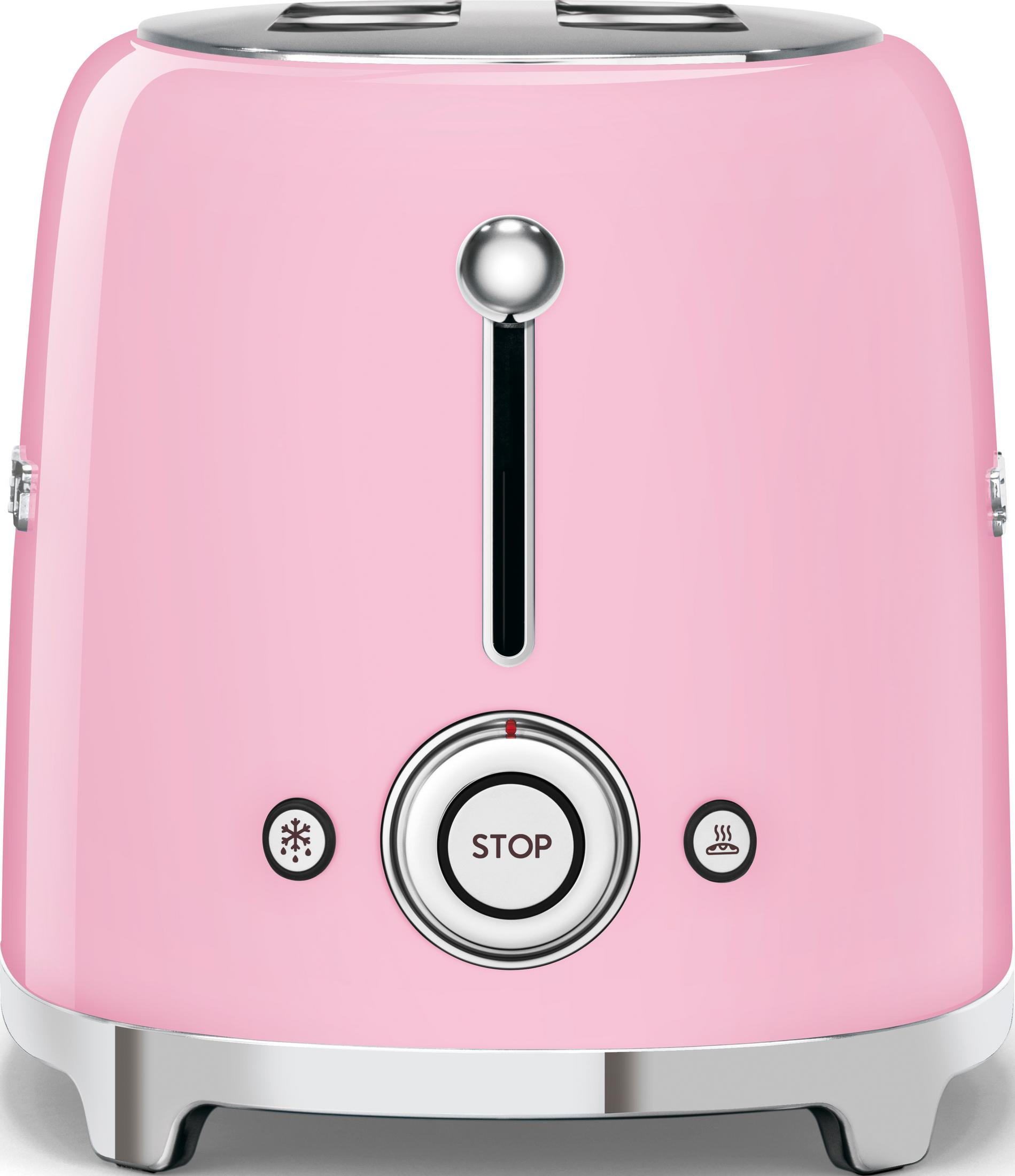 Różowy toster z srebrnymi akcentami i przyciskami sterującymi.