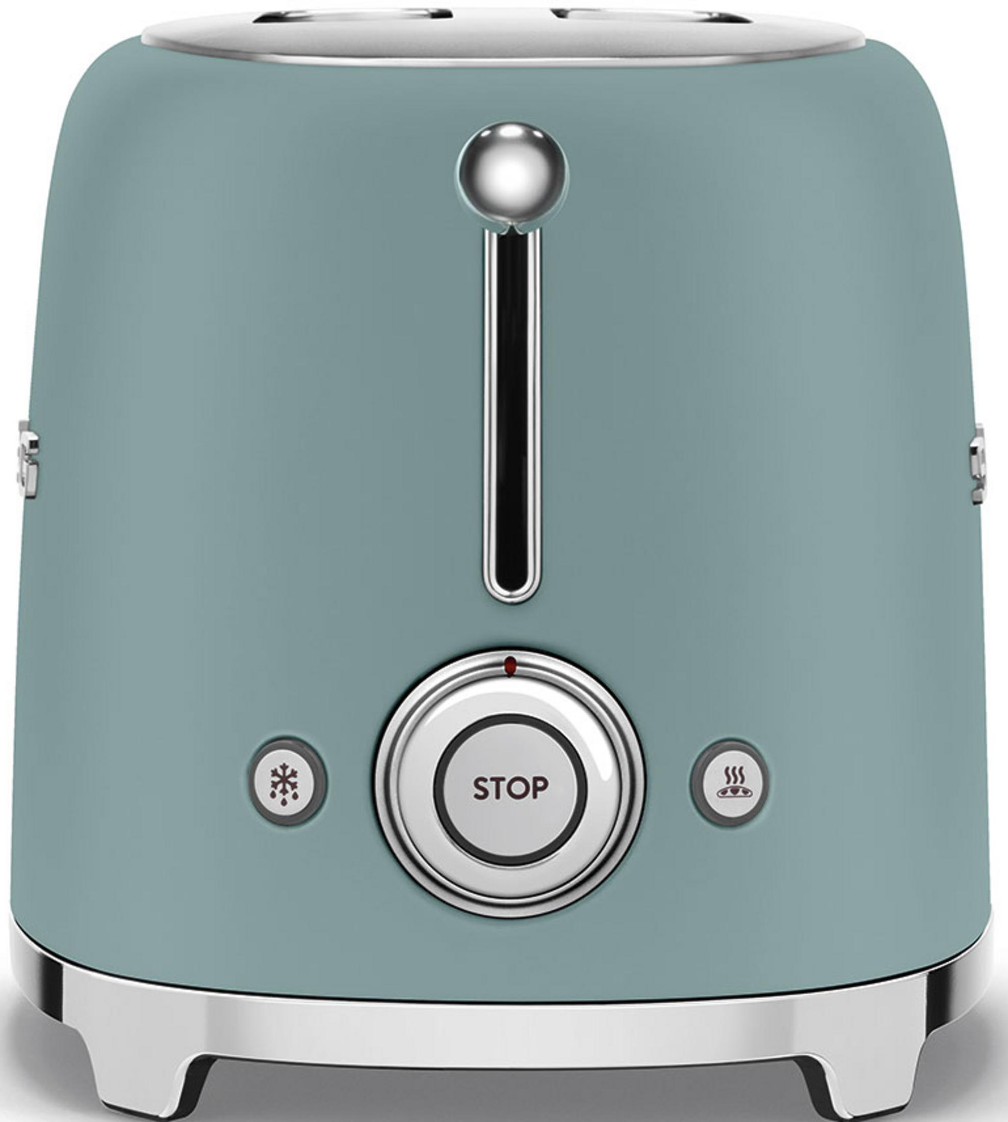 Turkusowy toster z chromowanymi detalami, przyciskiem stop i ikonami płatka śniegu/pary.