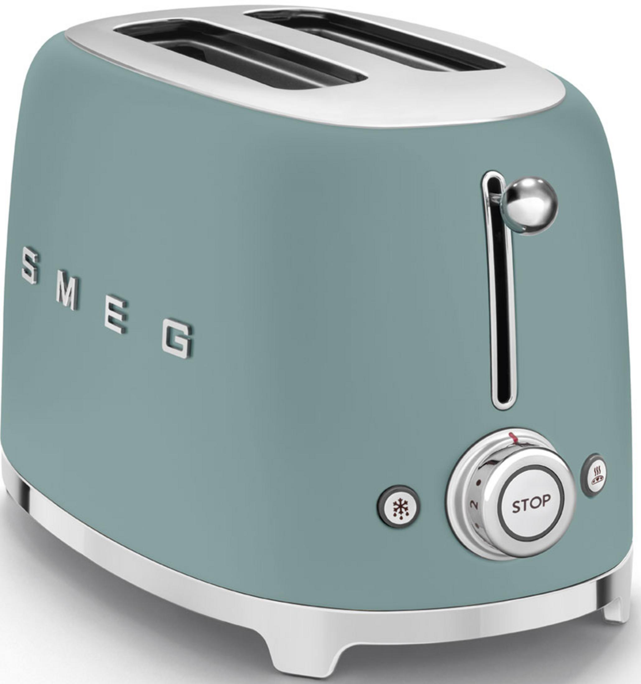 Niebieski toster SMEG z chromowanymi detalami i pokrętłami.