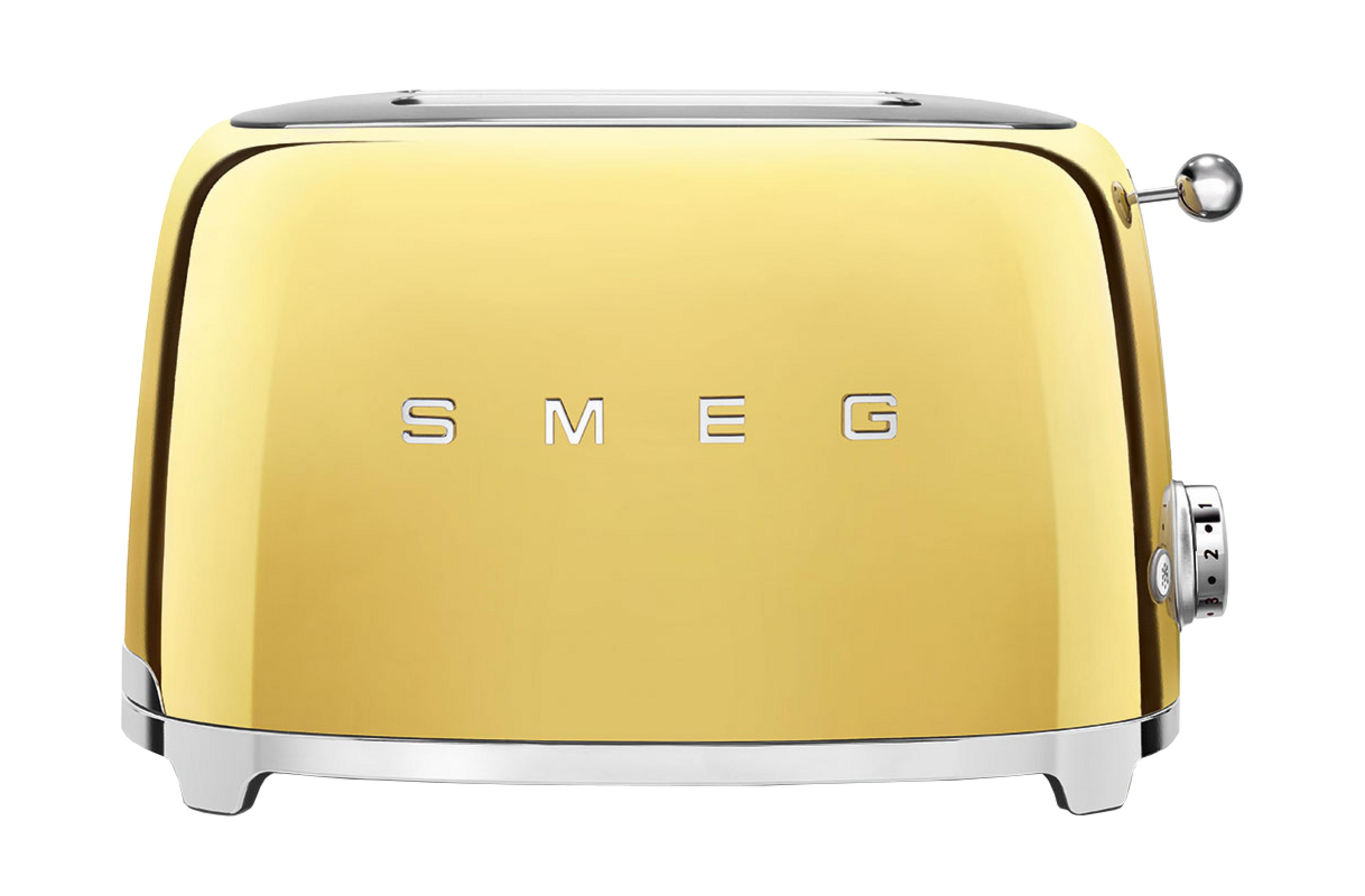 Parlak sarı bir SMEG ekmek kızartma makinesi, krom detaylı ve döner düğmeli.