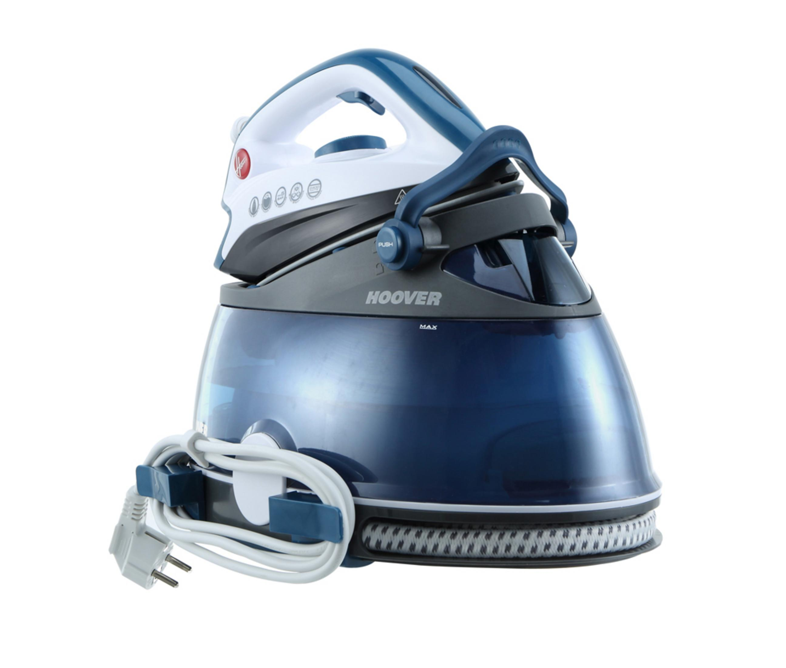 Ein weißer und blauer Hoover Dampfbügeleisen mit Basisstation und Kabel.