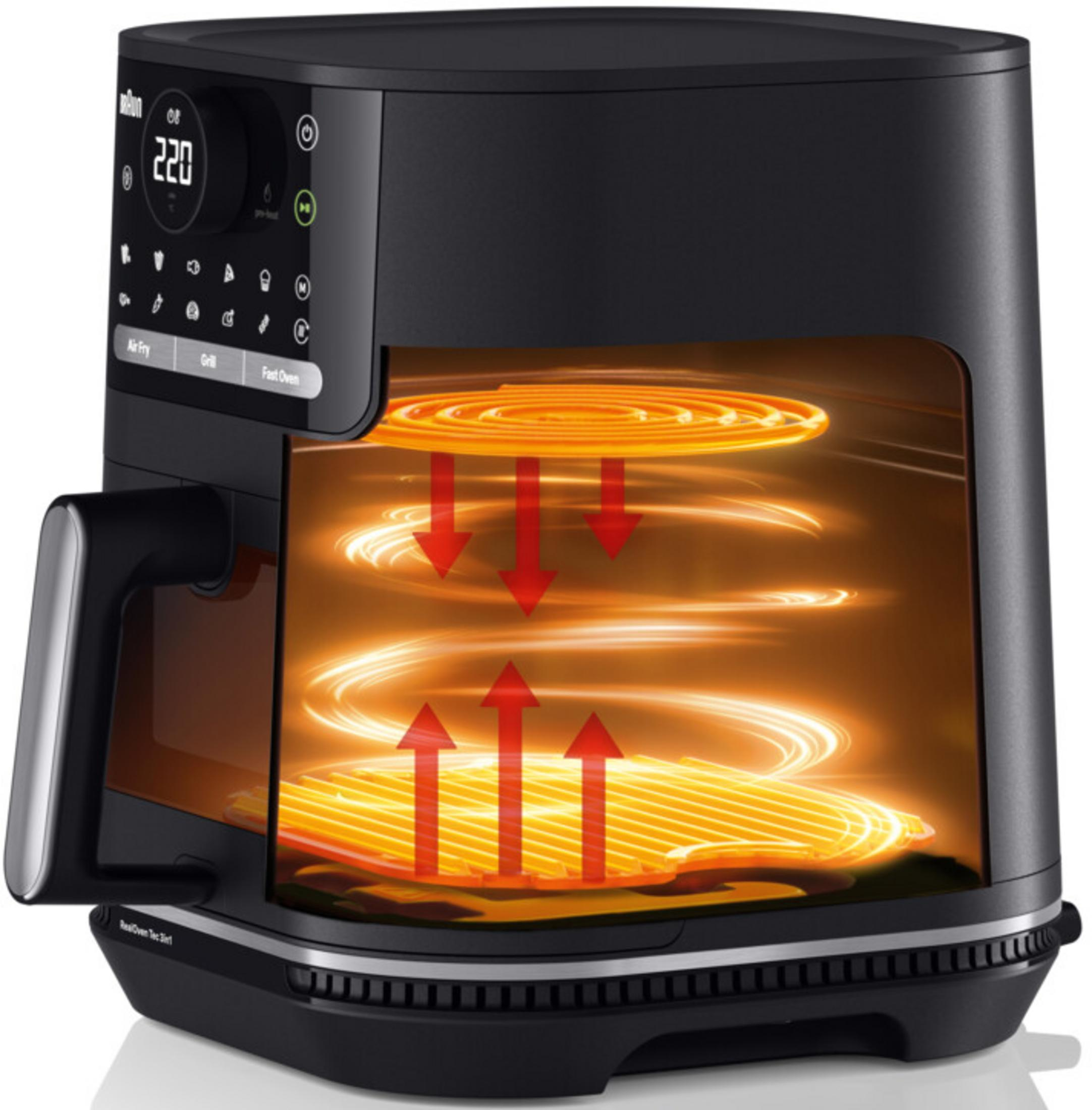 Czarna frytkownica beztłuszczowa z przekrojem pokazującym cyrkulację gorącego powietrza.