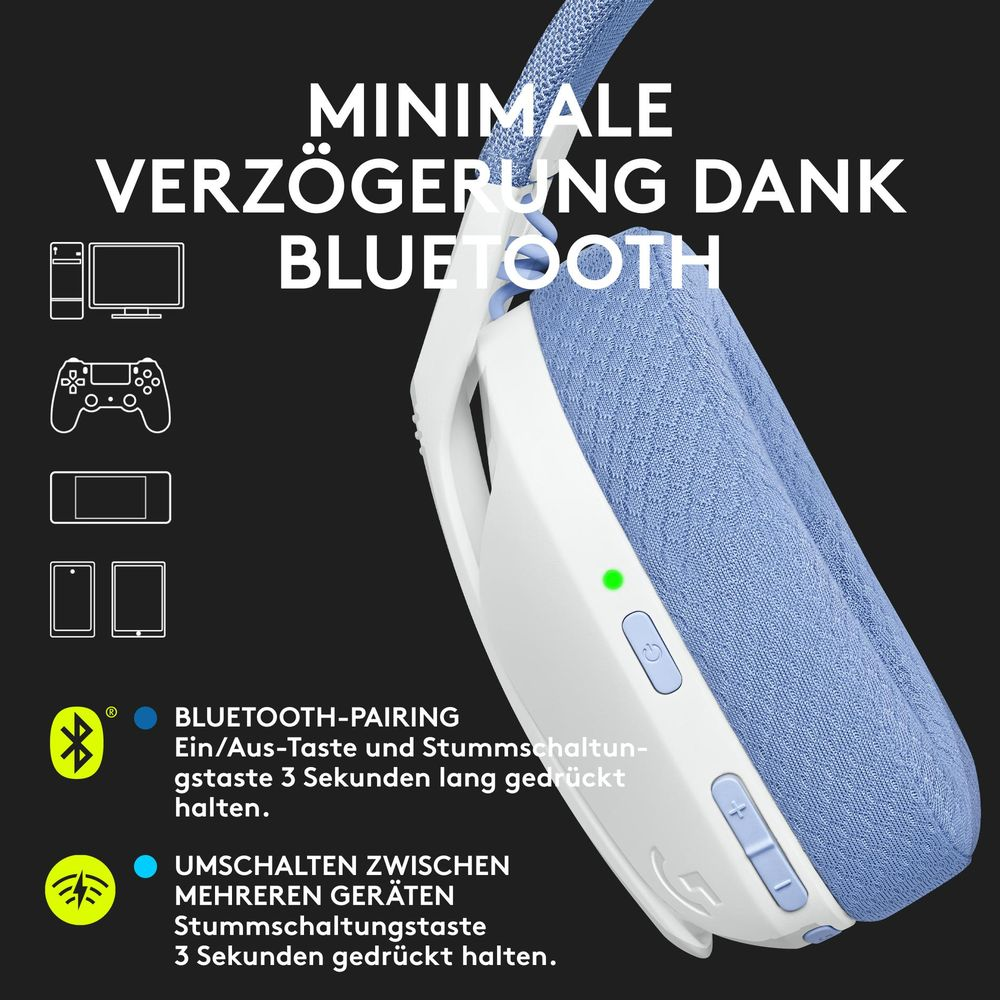 Niebieskie słuchawki z białymi akcentami i elementami sterującymi. Tekst o Bluetooth.