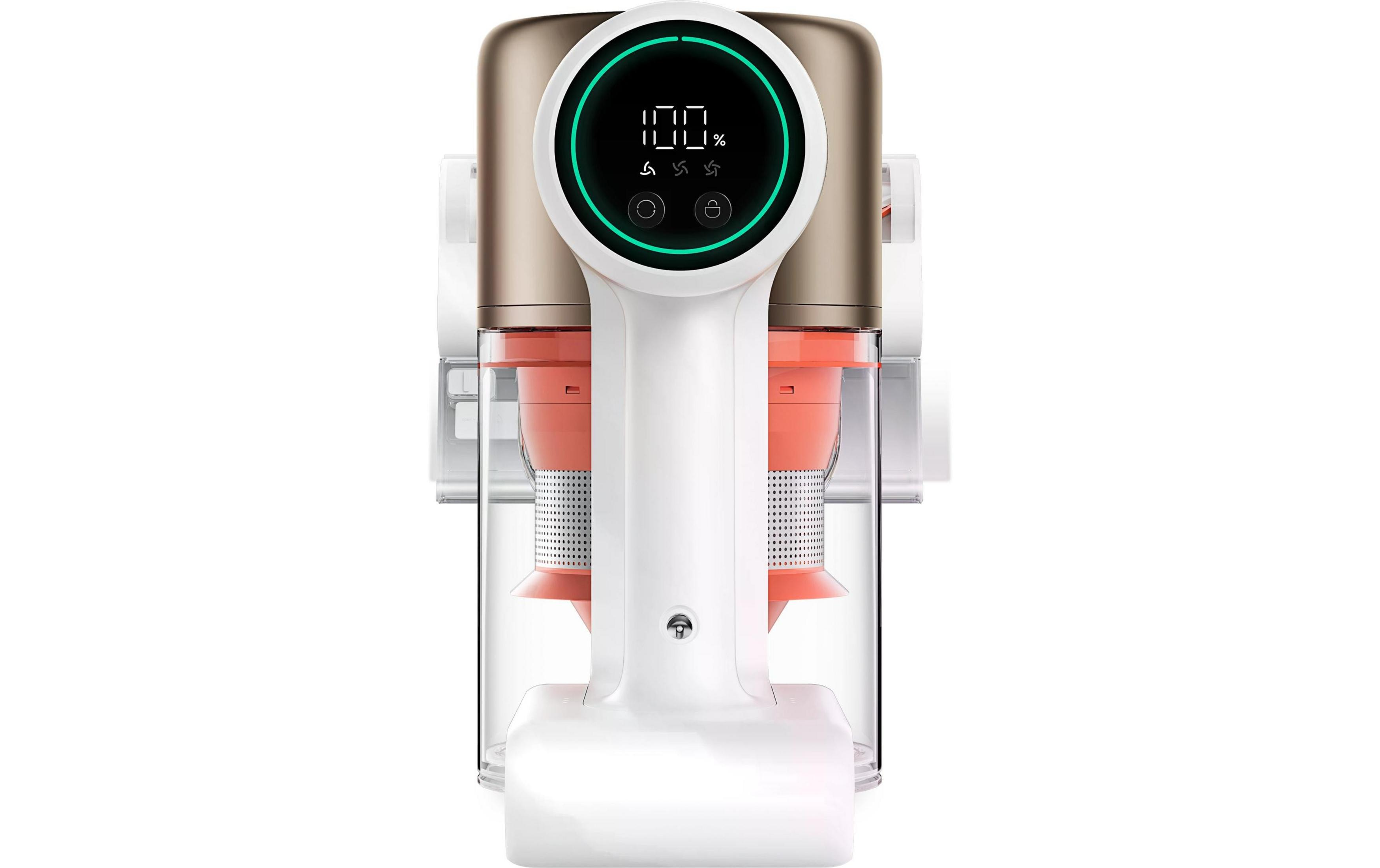 Moderno aspirapolvere bianco con display digitale e filtro arancione.