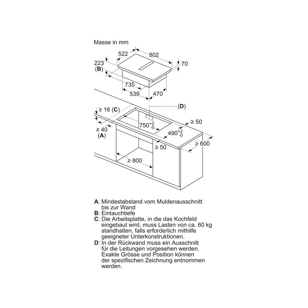 Rysunek techniczny z wymiarami do instalacji płyty grzewczej.