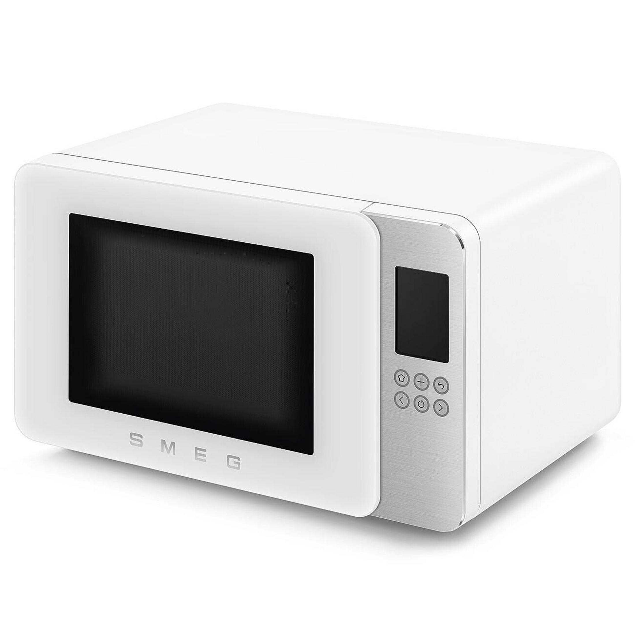 Gümüş kontrol panel ve siyah kapılı beyaz bir SMEG mikrodalga fırını.