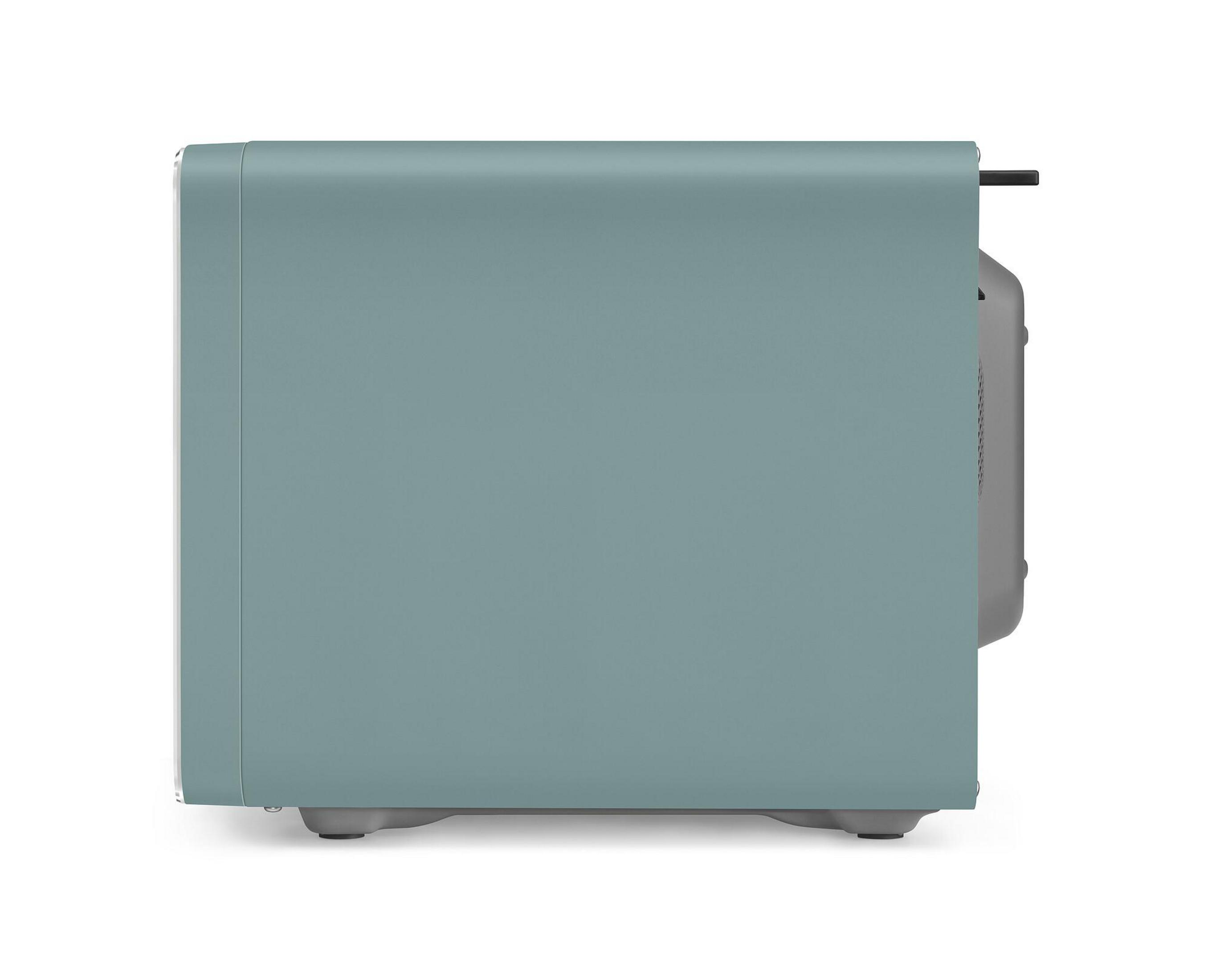 Ein blaugrauer Toaster, von der Seite gesehen, mit einem schwarzen Griff.