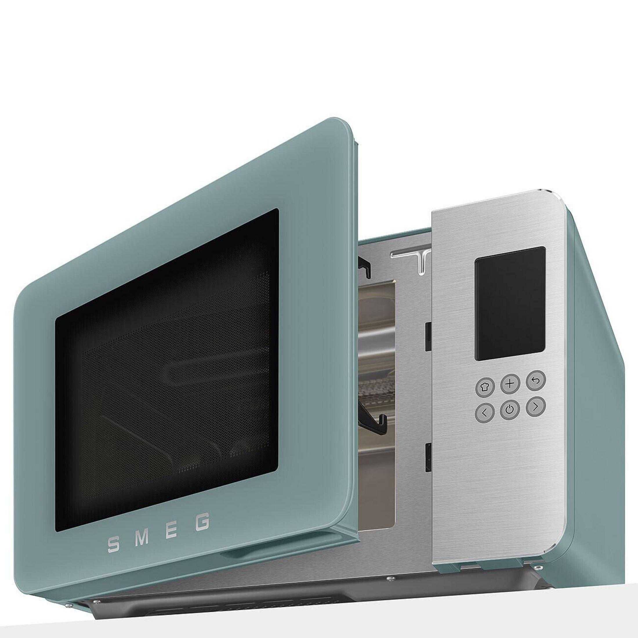 Eine teal SMEG-Mikrowelle mit offener Tür, die einen Edelstahl-Innenraum und Bedienfeld zeigt.