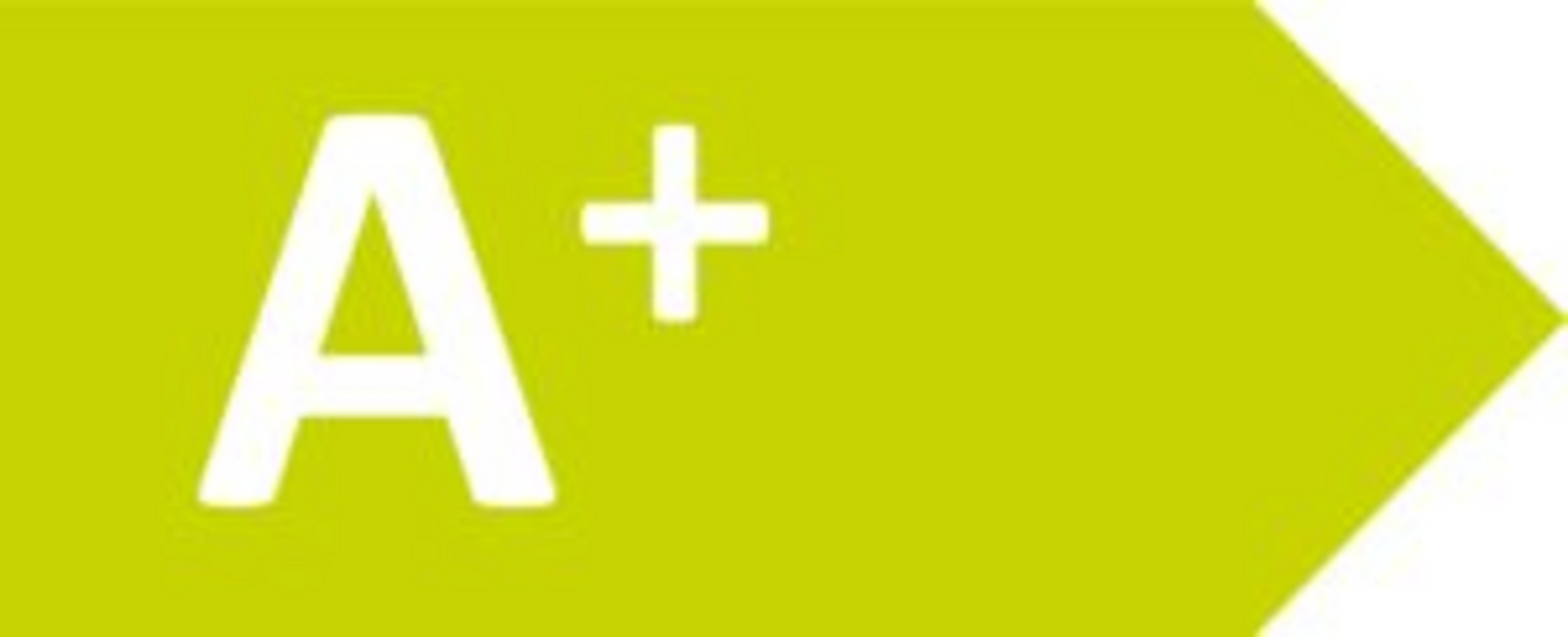 Biały symbol A+ na jasnozielonym banerze.