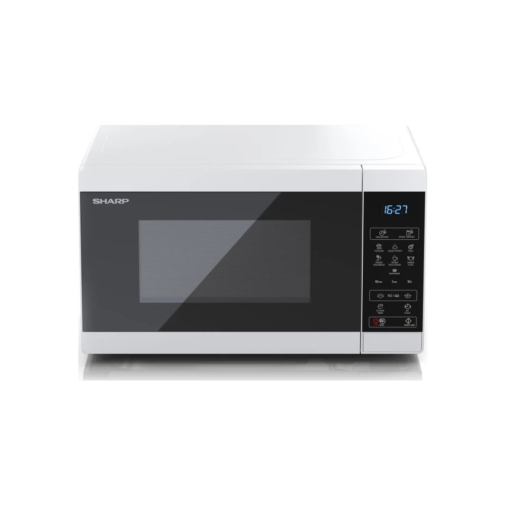 Biała kuchenka mikrofalowa Sharp z czarnymi drzwiami i panelem.