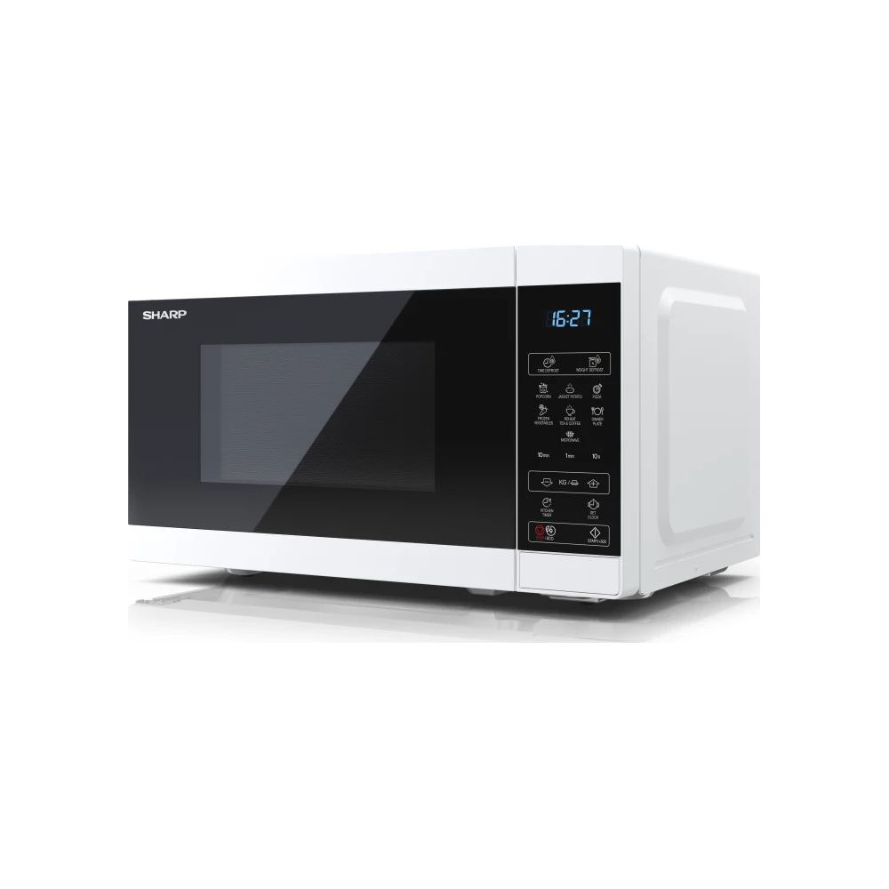 Biała kuchenka mikrofalowa Sharp z czarnymi drzwiami i panelem sterowania.