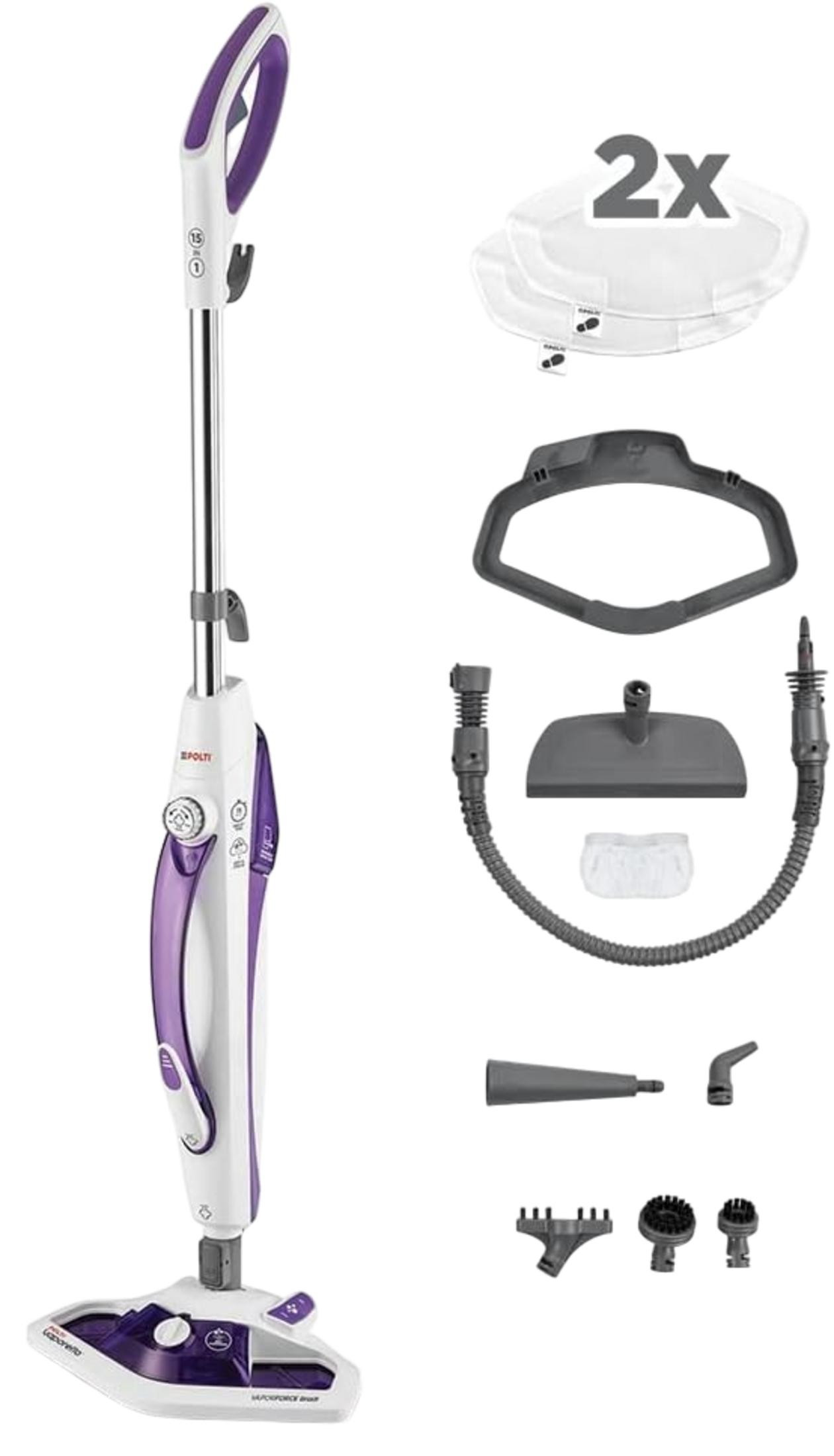 Biało-fioletowy mop parowy z akcesoriami, w tym ściereczkami, wężem i dyszami.