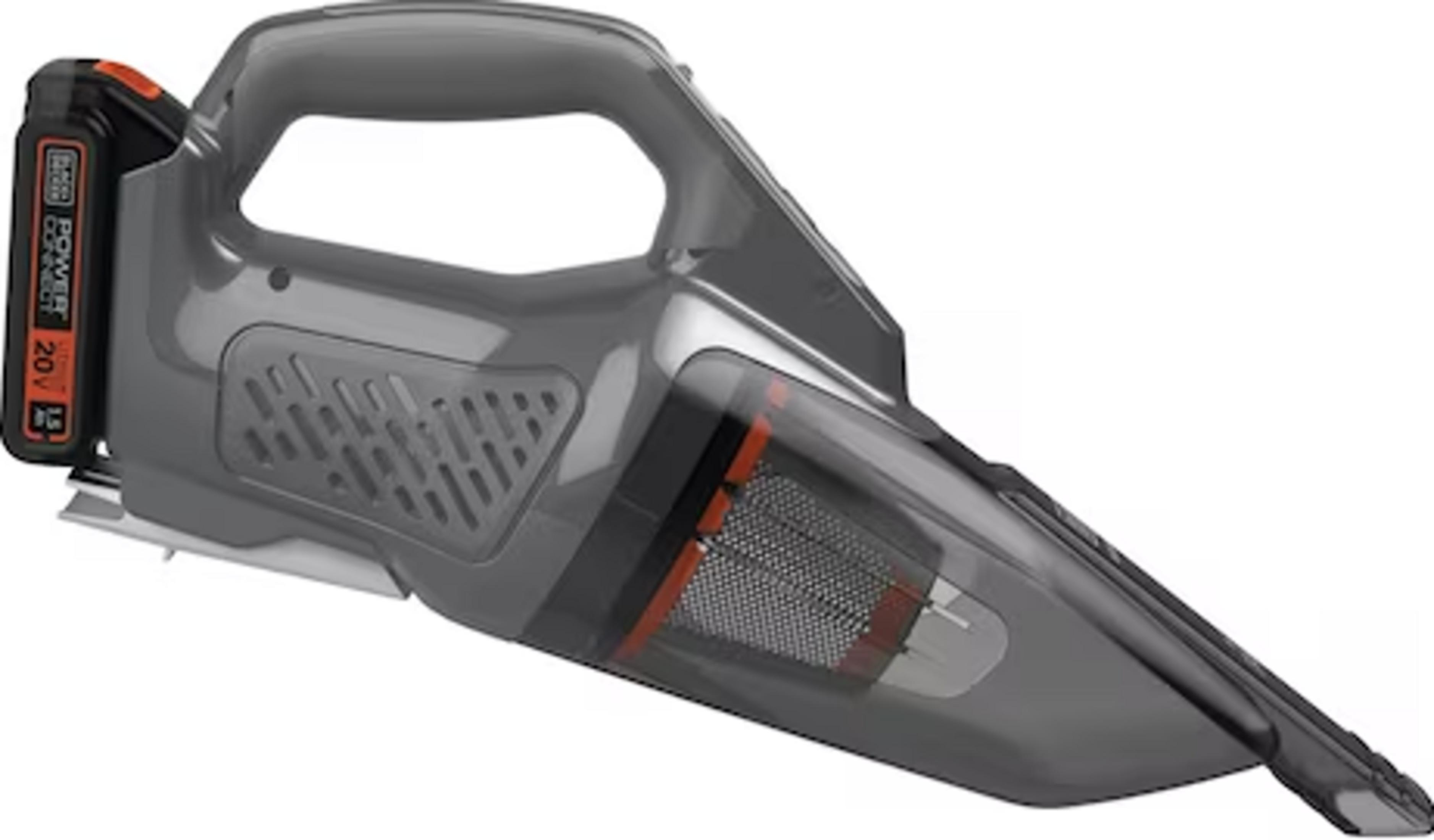 Ein grauer Handstaubsauger mit einem schwarzen Griff und einem 20V Akku.