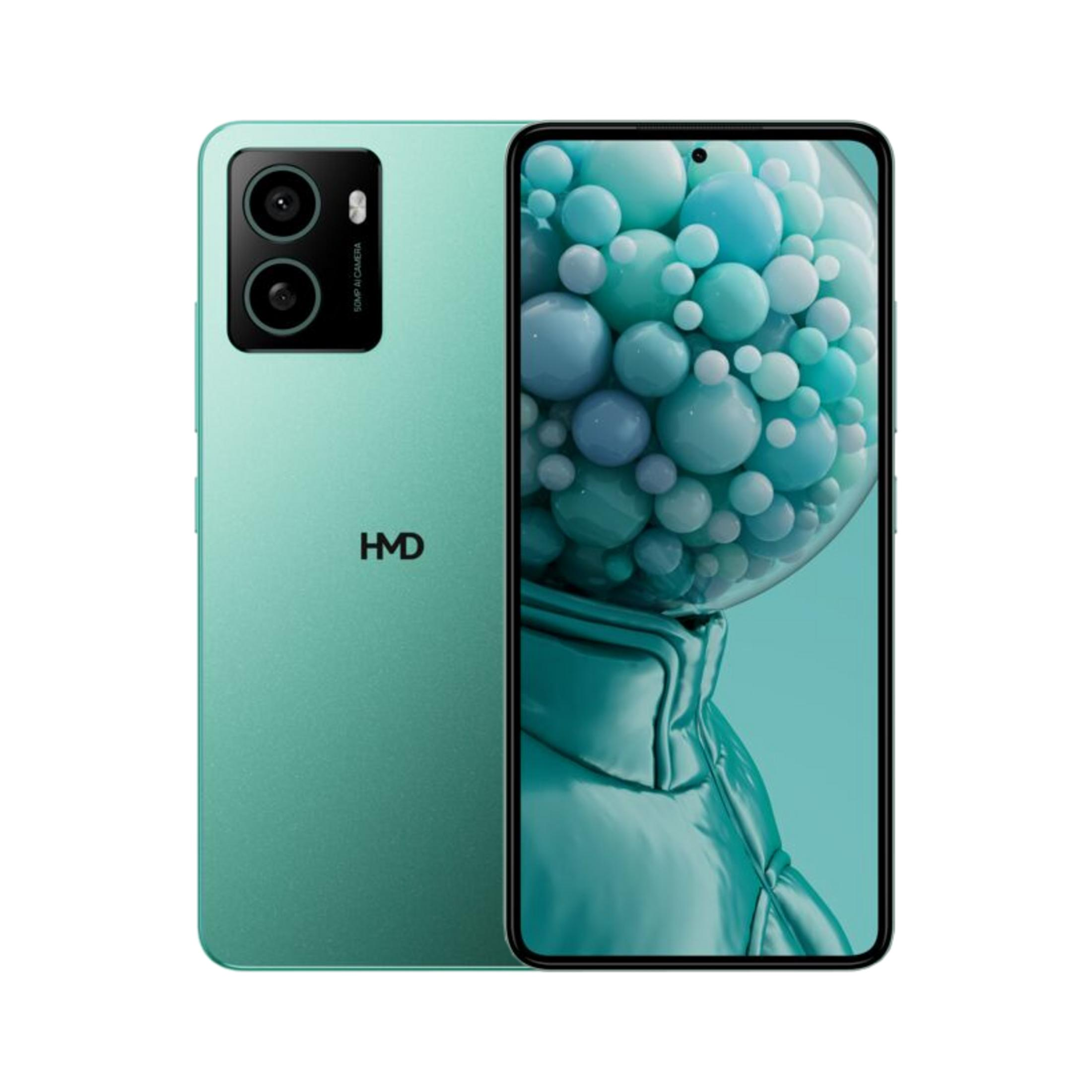 Uno smartphone color acqua con doppia fotocamera posteriore e schermo colorato.