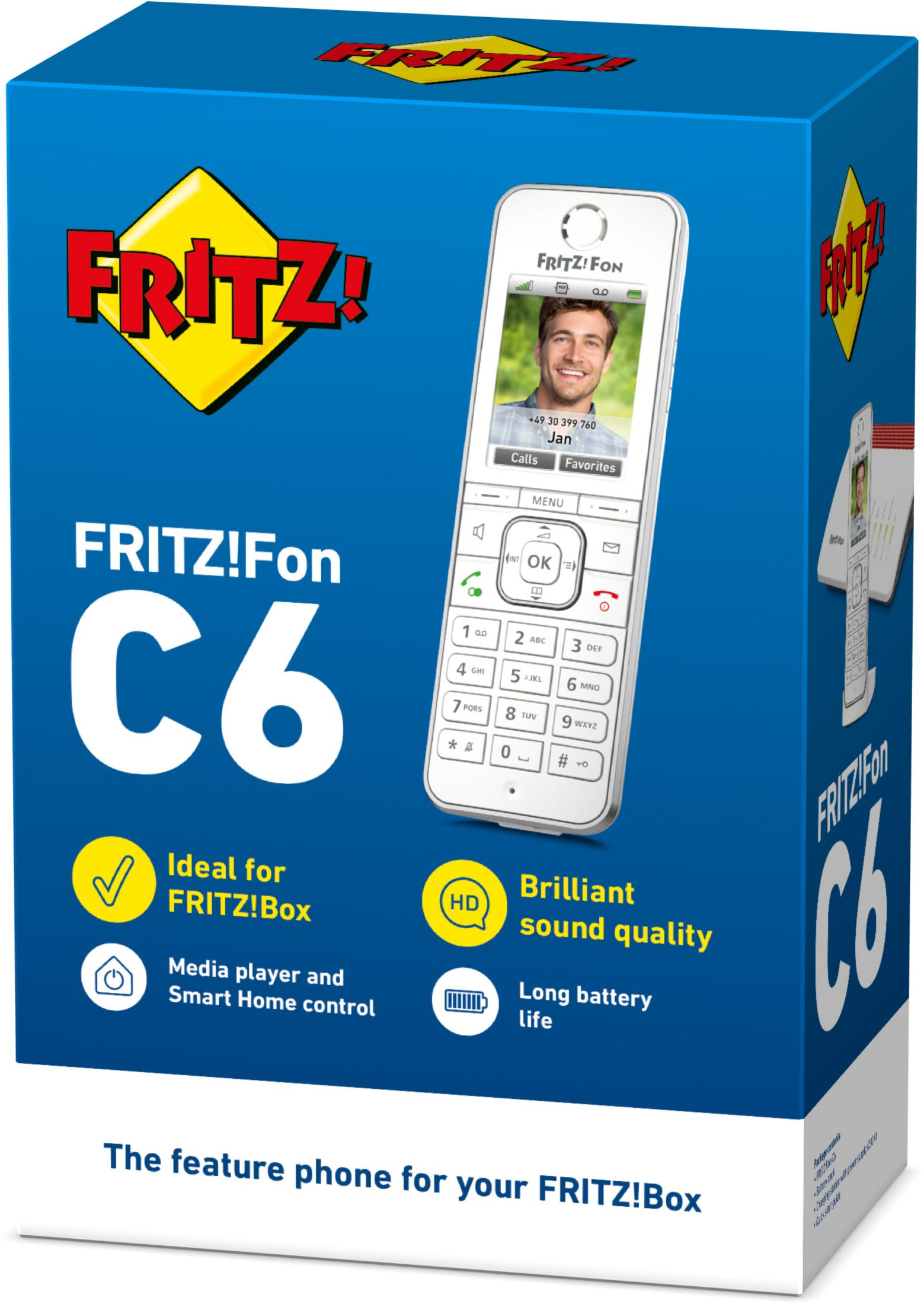 Emballage FRITZ!Fon C6 avec téléphone, logo et caractéristiques produit.