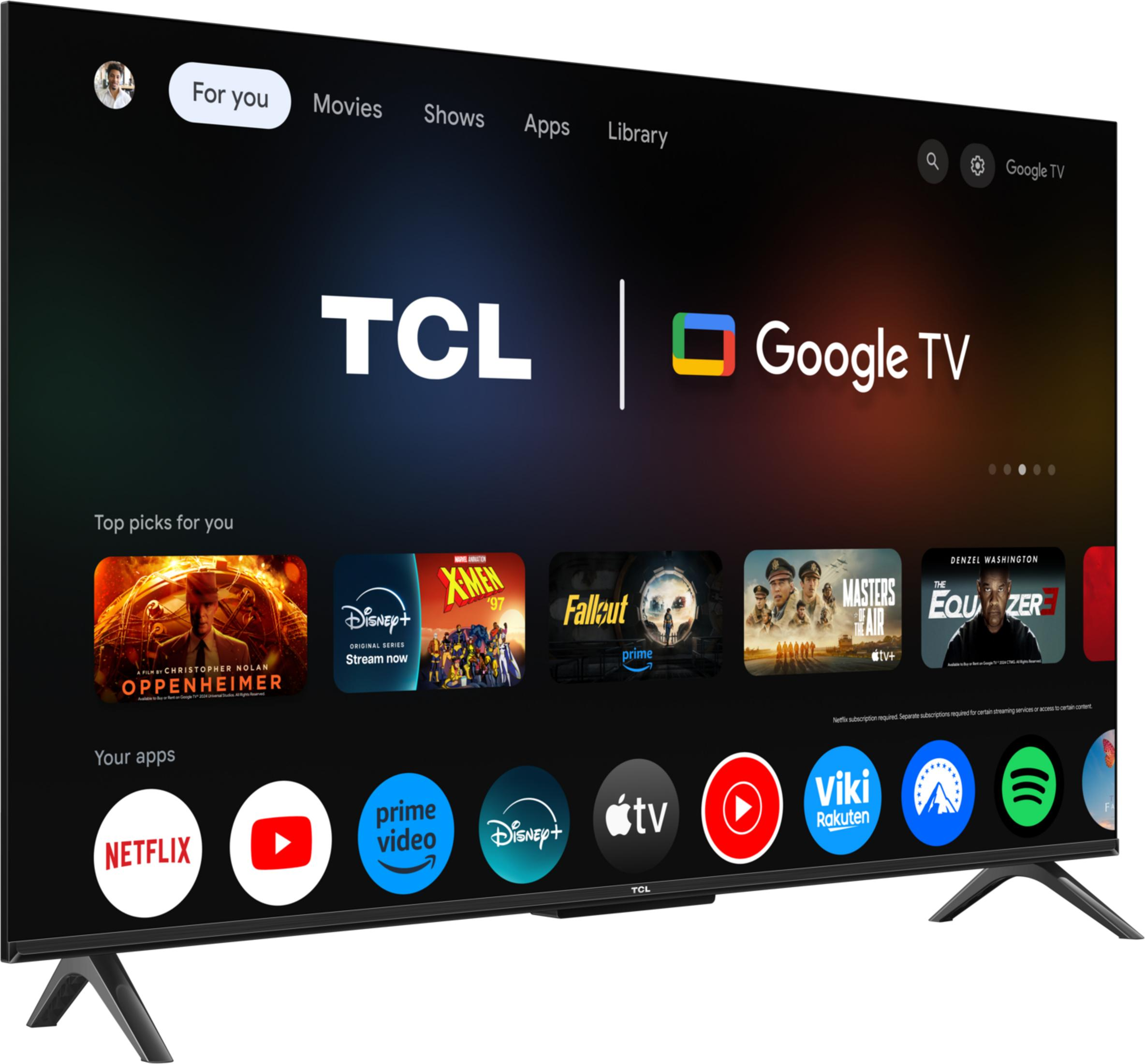 Telewizor TCL Google TV wyświetlający aplikacje takie jak Netflix, YouTube i Disney+.