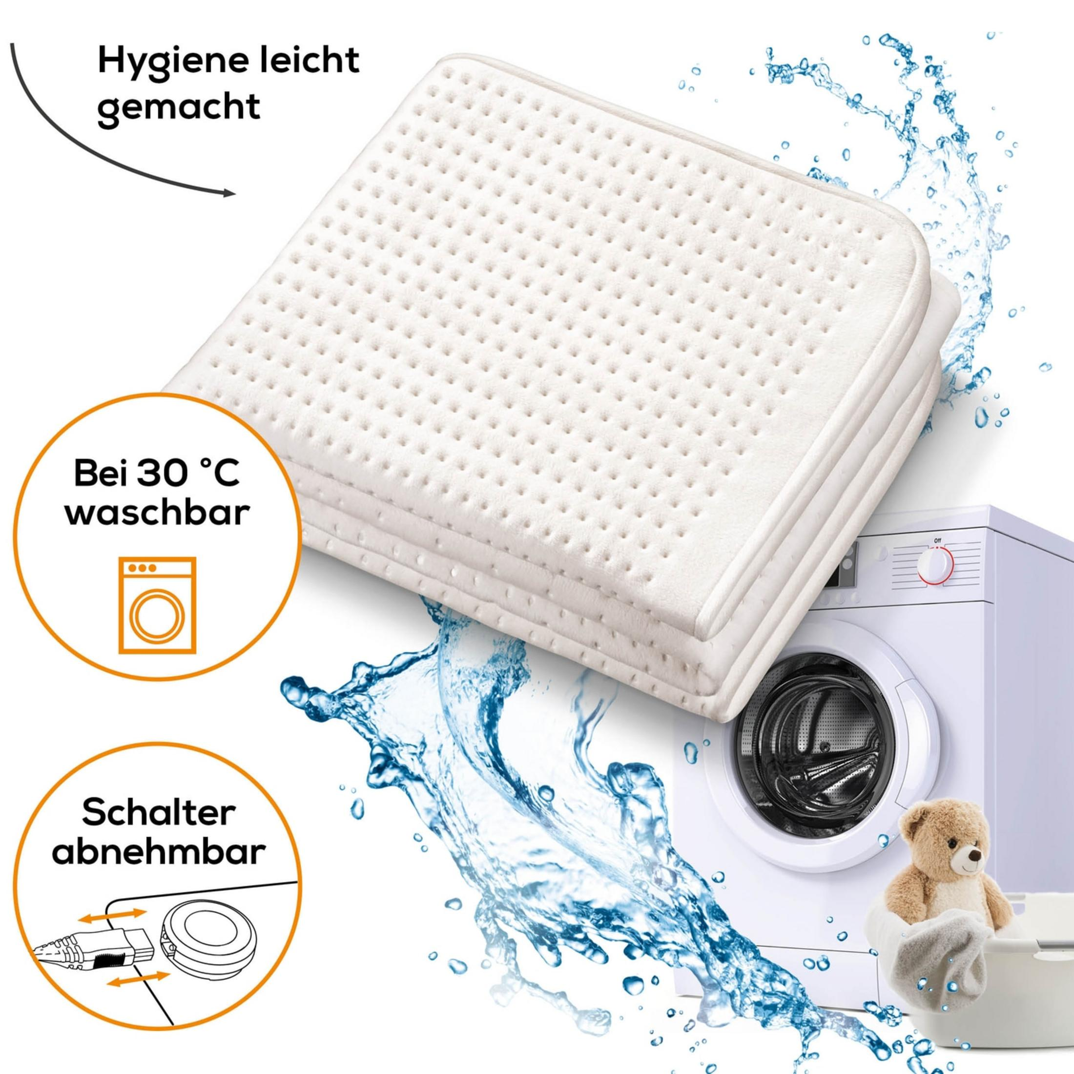 Ein weißes Heizkissen, eine Waschmaschine und ein Teddybär mit Wasser.