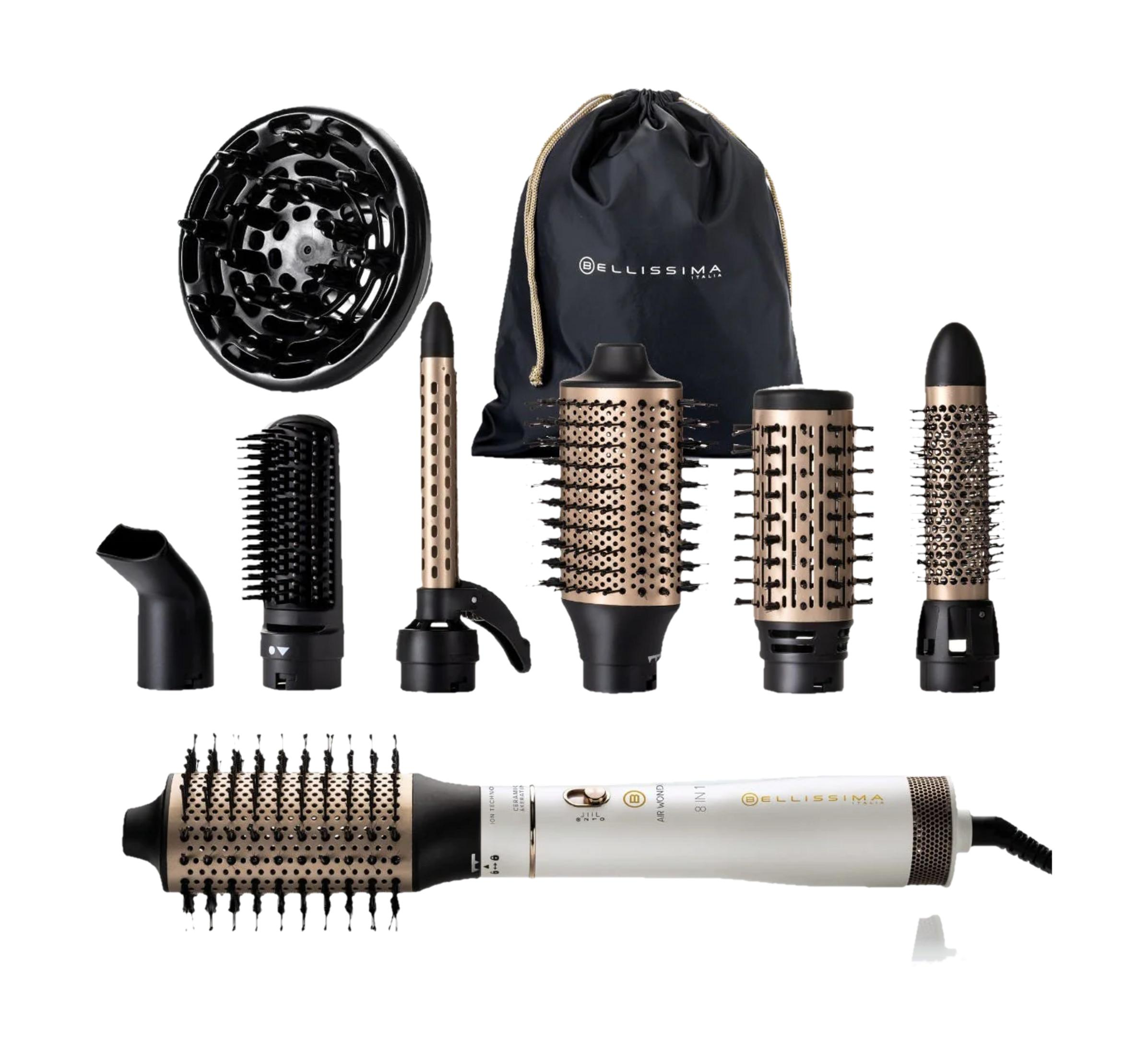Zestaw suszarki do włosów z różnymi nasadkami, akcesoriami i torbą.