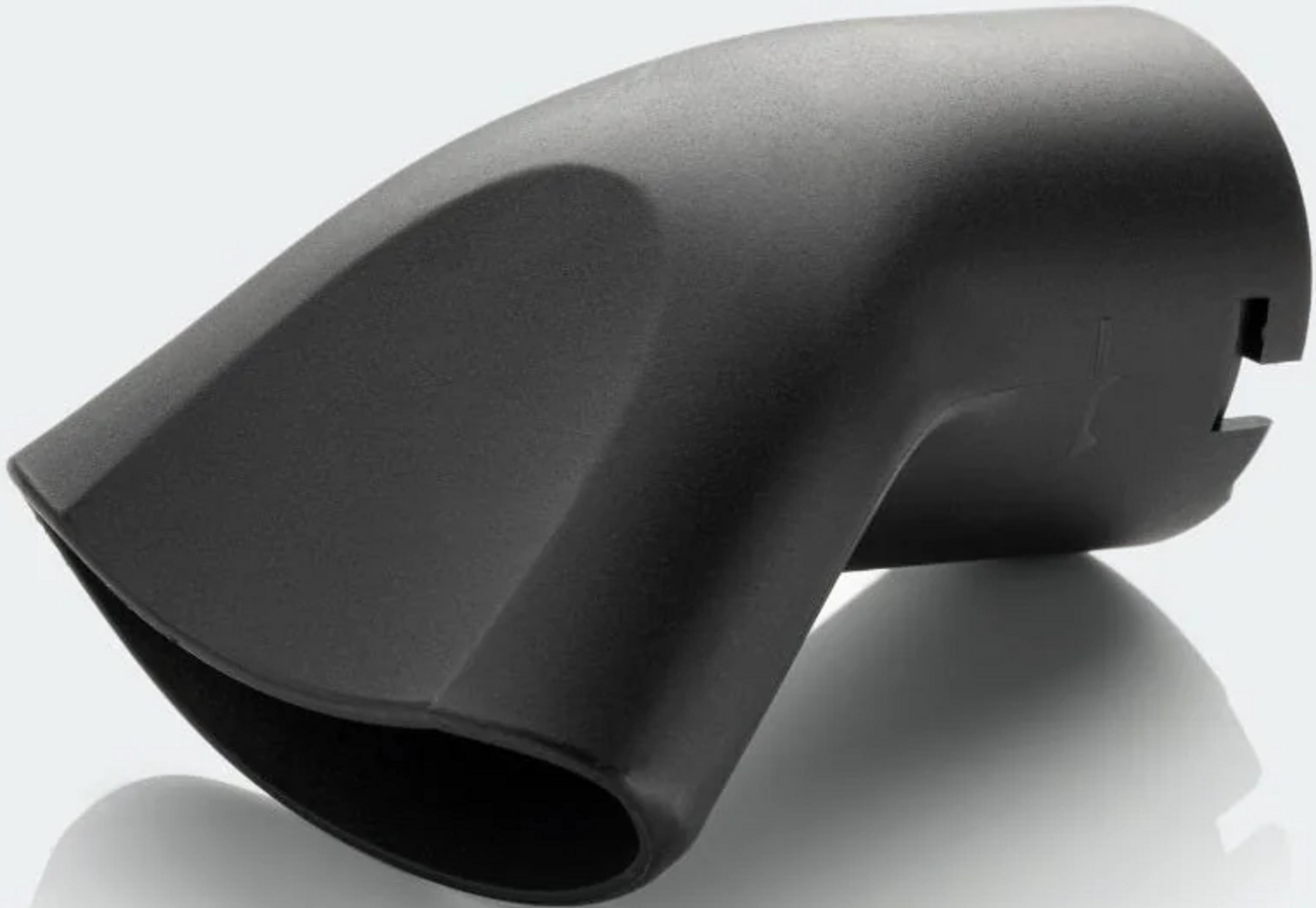 Czarny, zakrzywiony element z tworzywa sztucznego z owalnym wlotem i szczelinowym wylotem.