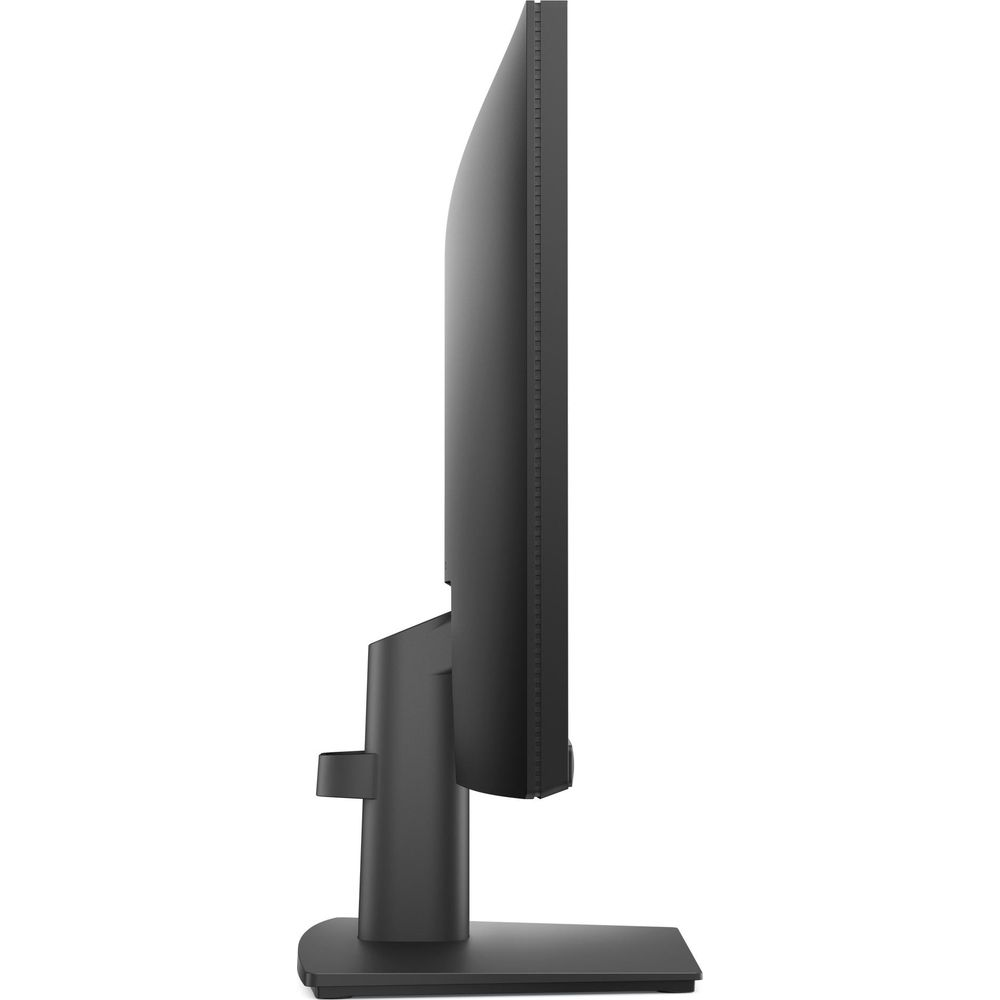Un monitor di computer nero in profilo laterale su sfondo bianco.