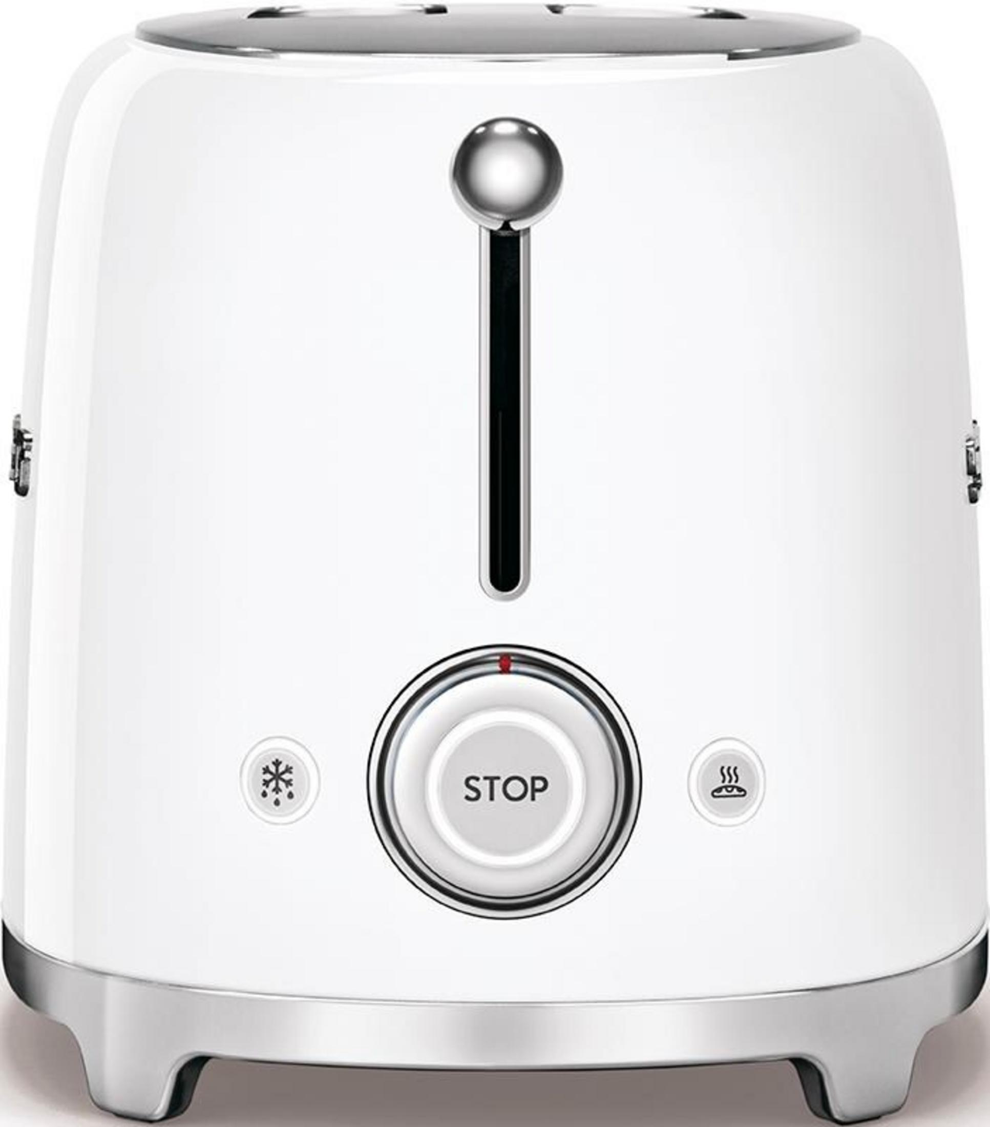 Biały toster z srebrnymi akcentami i przyciskiem stop.