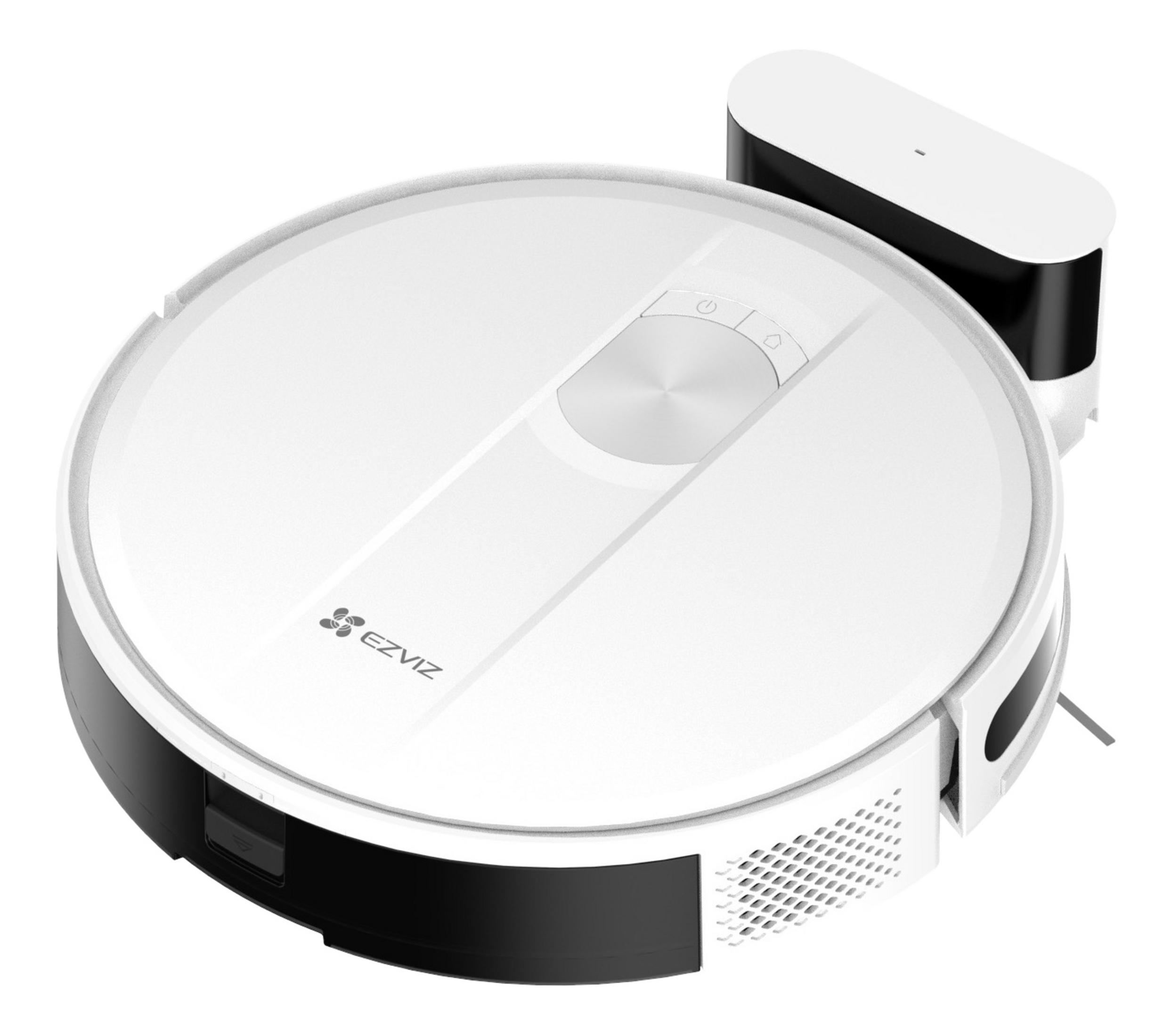 Biały robot sprzątający ze stacją ładującą na białym tle.