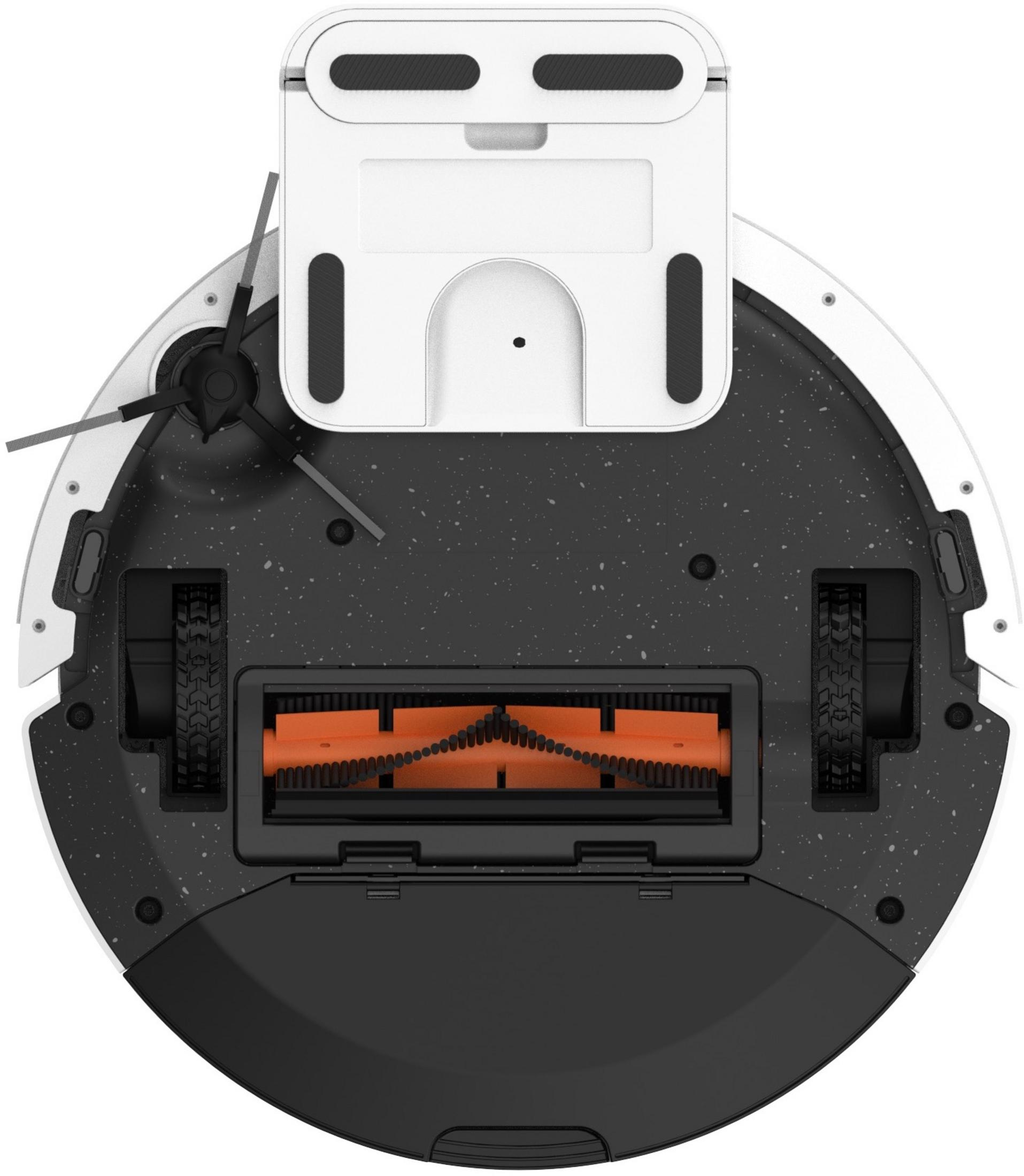 Spód białego robota sprzątającego z czarną
szczotką, kołami i szczotkami bocznymi.