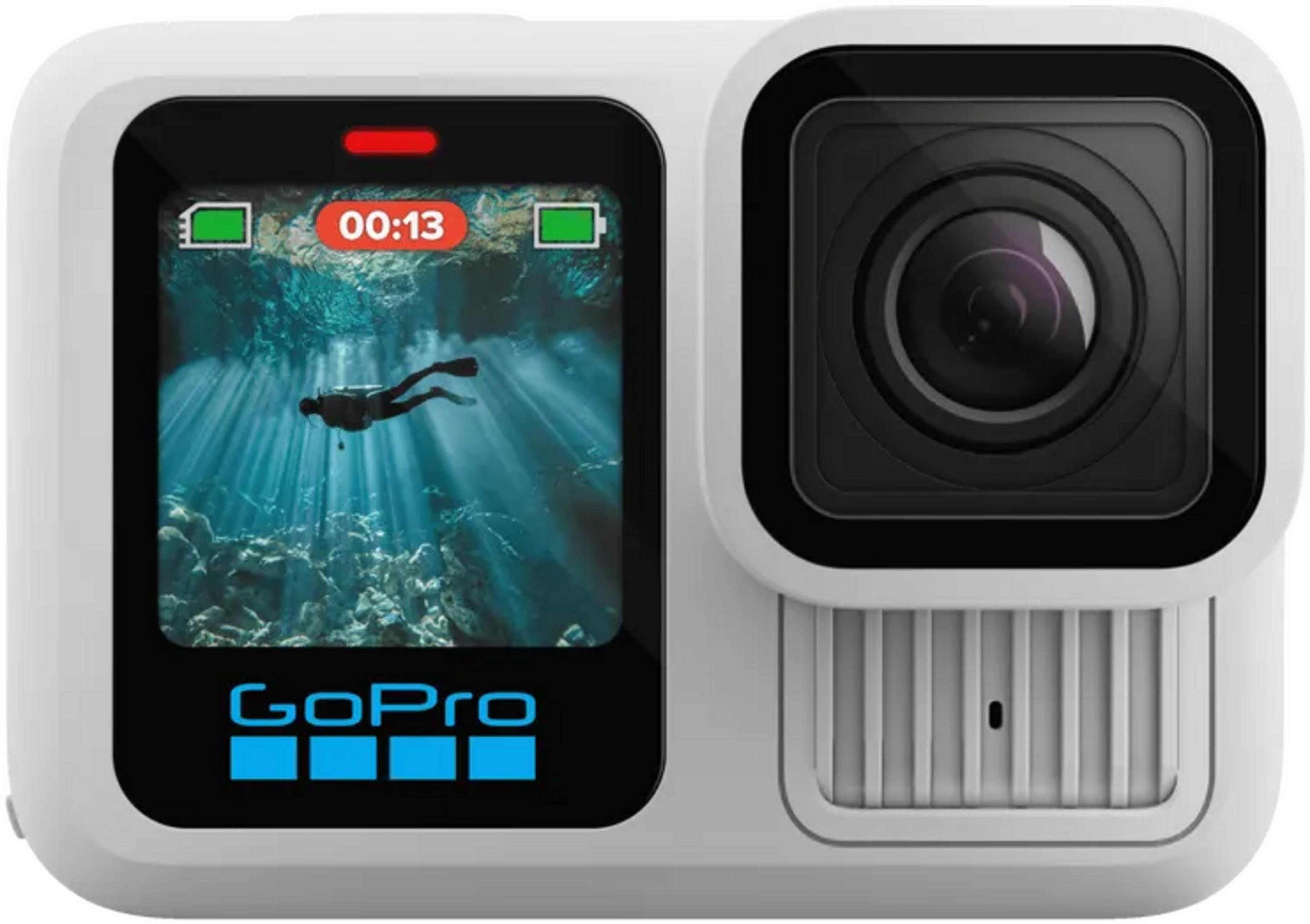 Weiße GoPro-Kamera mit Unterwasser-Display, das einen Taucher zeigt.
