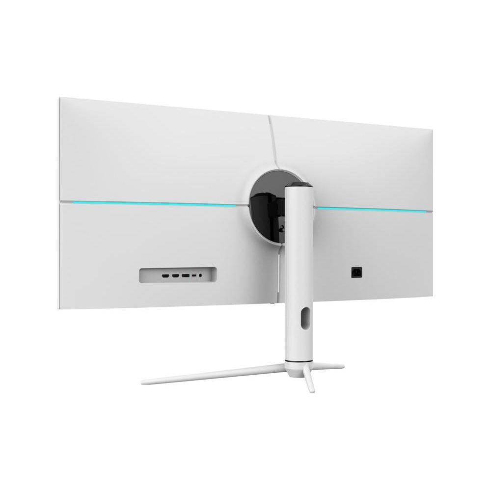 Tył białego monitora z niebieskim paskiem świetlnym i podstawką.