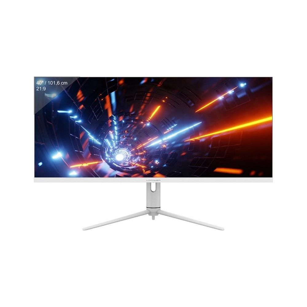 Biały monitor wyświetla świecący tunel z pomarańczowymi i niebieskimi światłami.