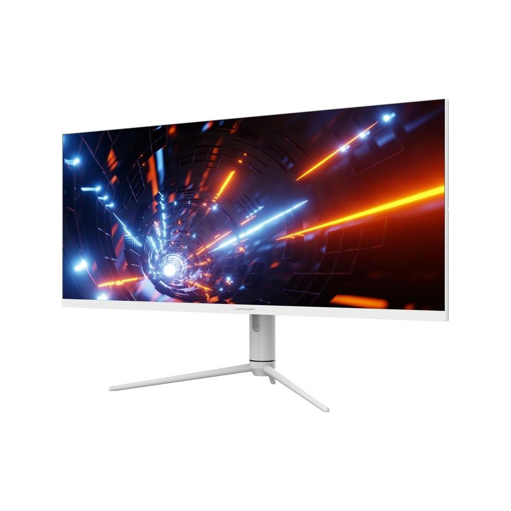 Biały monitor wyświetla scenę tunelu neonowego z niebieskimi i pomarańczowymi światłami.