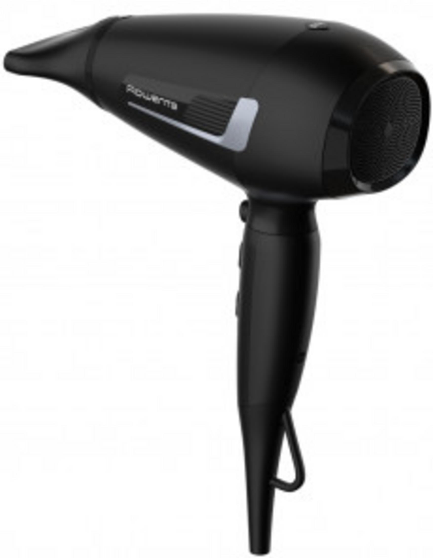 Czarna suszarka do włosów z srebrnym akcentem i logo.