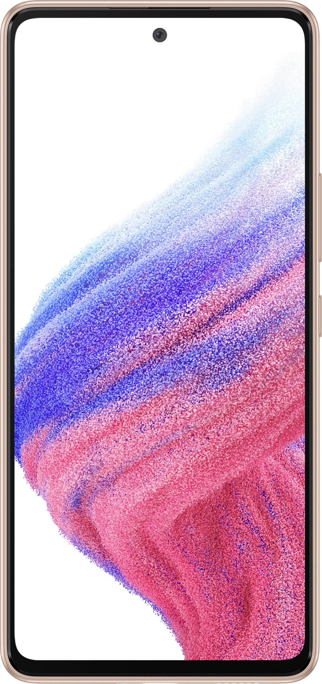 Goldfarbenes Smartphone mit einem abstrakten, körnigen Muster in Rosa und Blau.