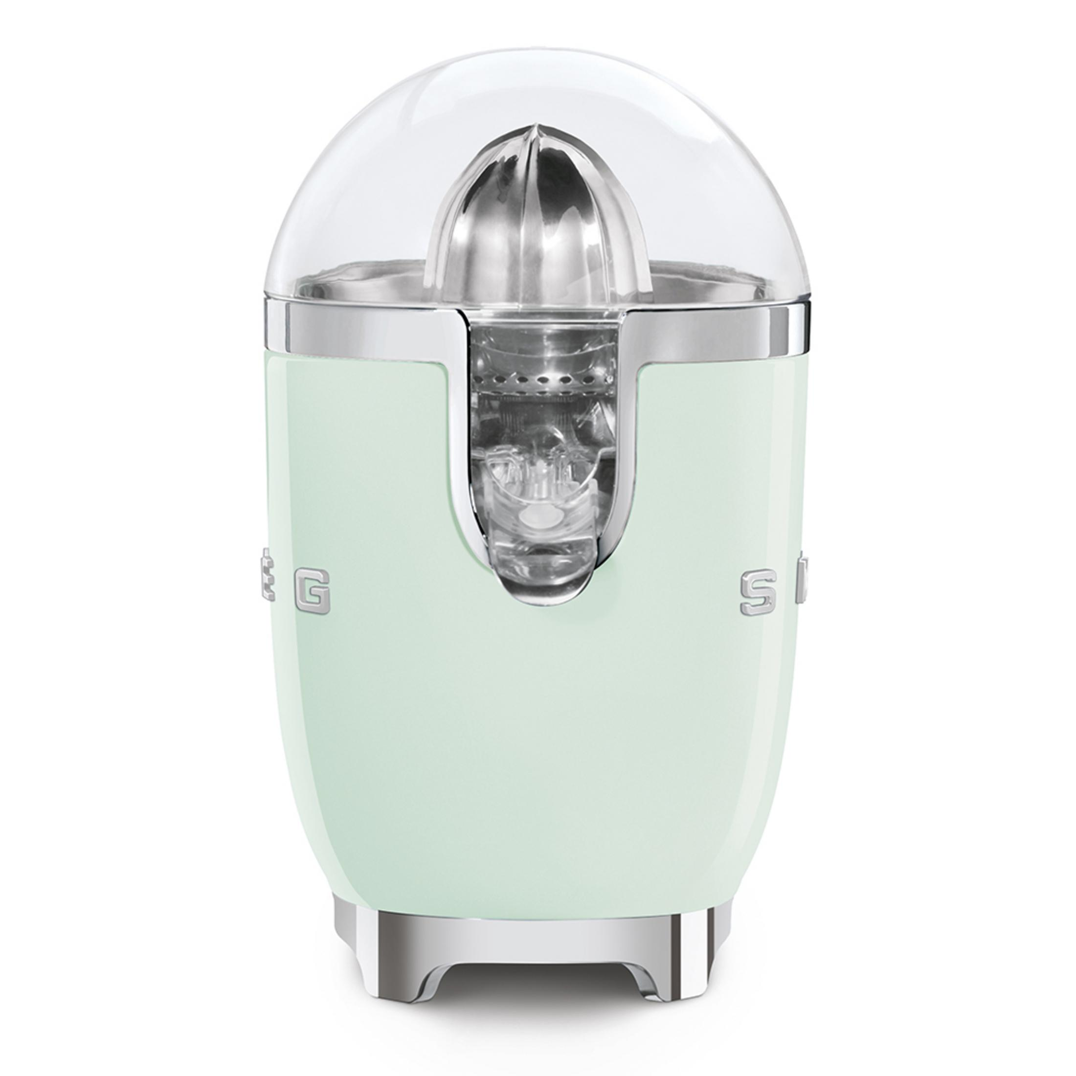 Spremiagrumi verde chiaro con dettagli argentati e coperchio trasparente.