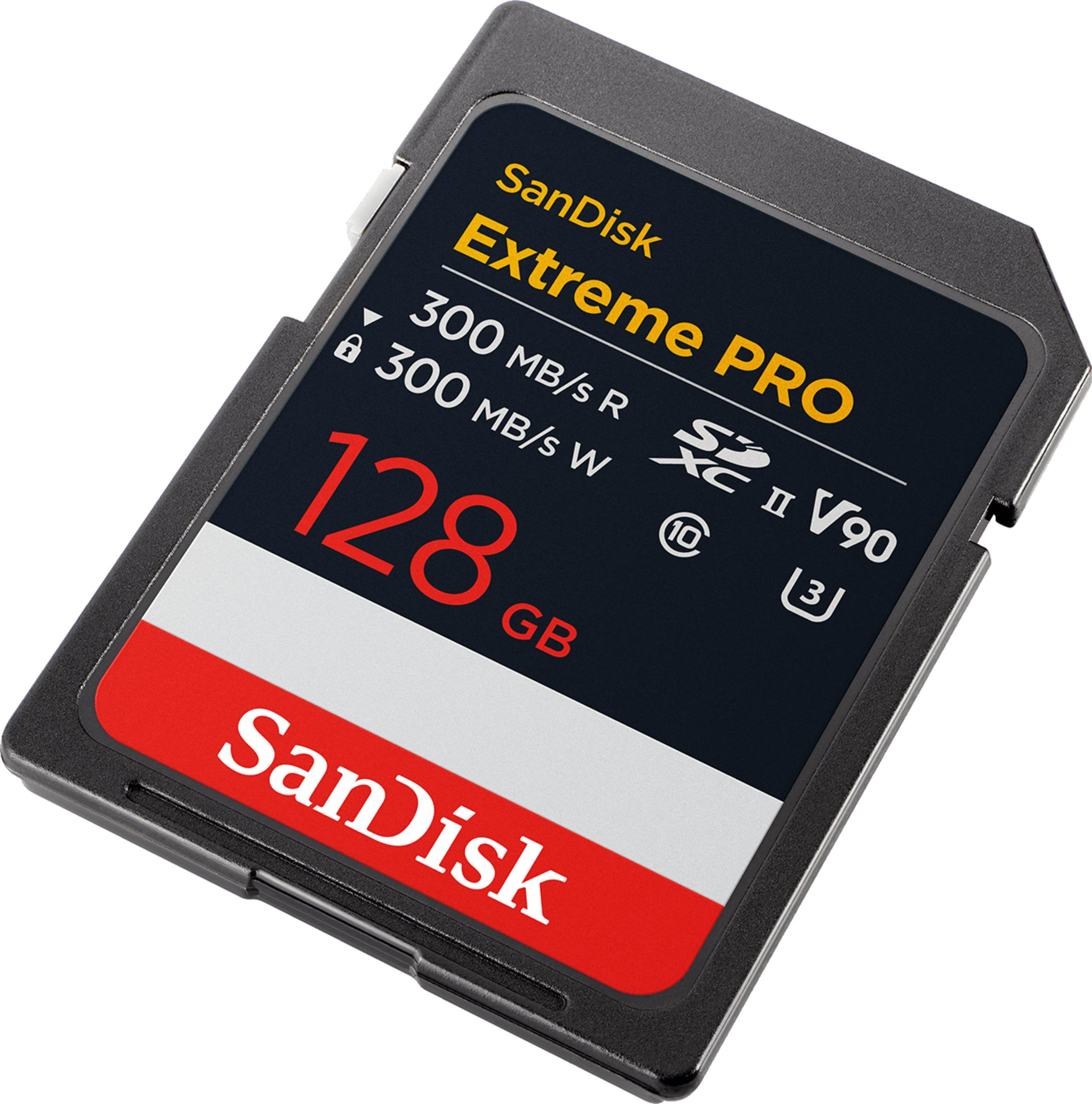 Een SanDisk Extreme PRO 128GB geheugenkaart met rode en witte accenten.