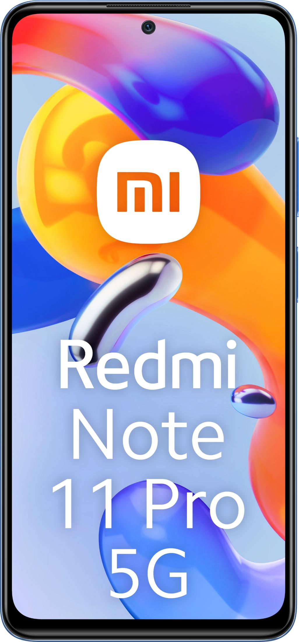 Smartfon Xiaomi Redmi Note 11 Pro 5G z logo i abstrakcyjnymi kształtami.
