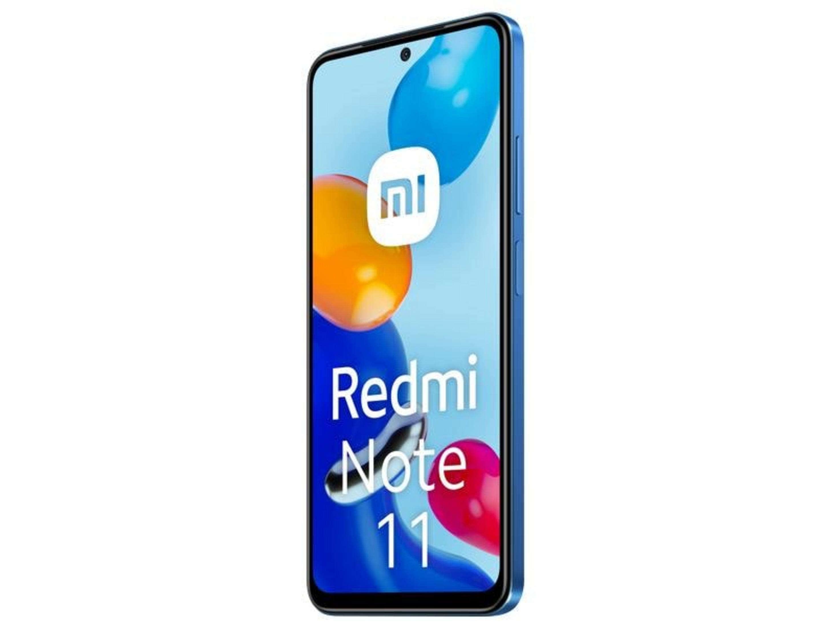 Niebieski smartfon z napisem "Redmi Note 11" i logo Mi.