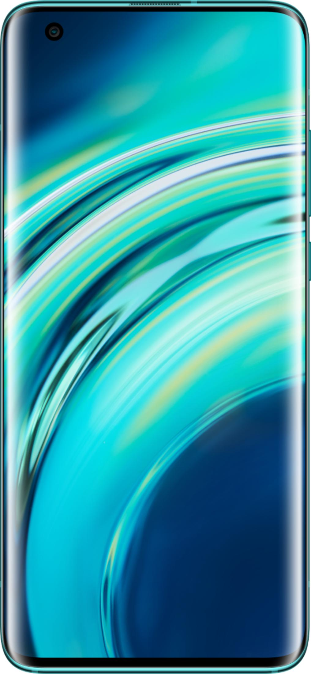 Smartfon z niebieskim tłem zawierającym jasnozielone i białe wirujące linie.